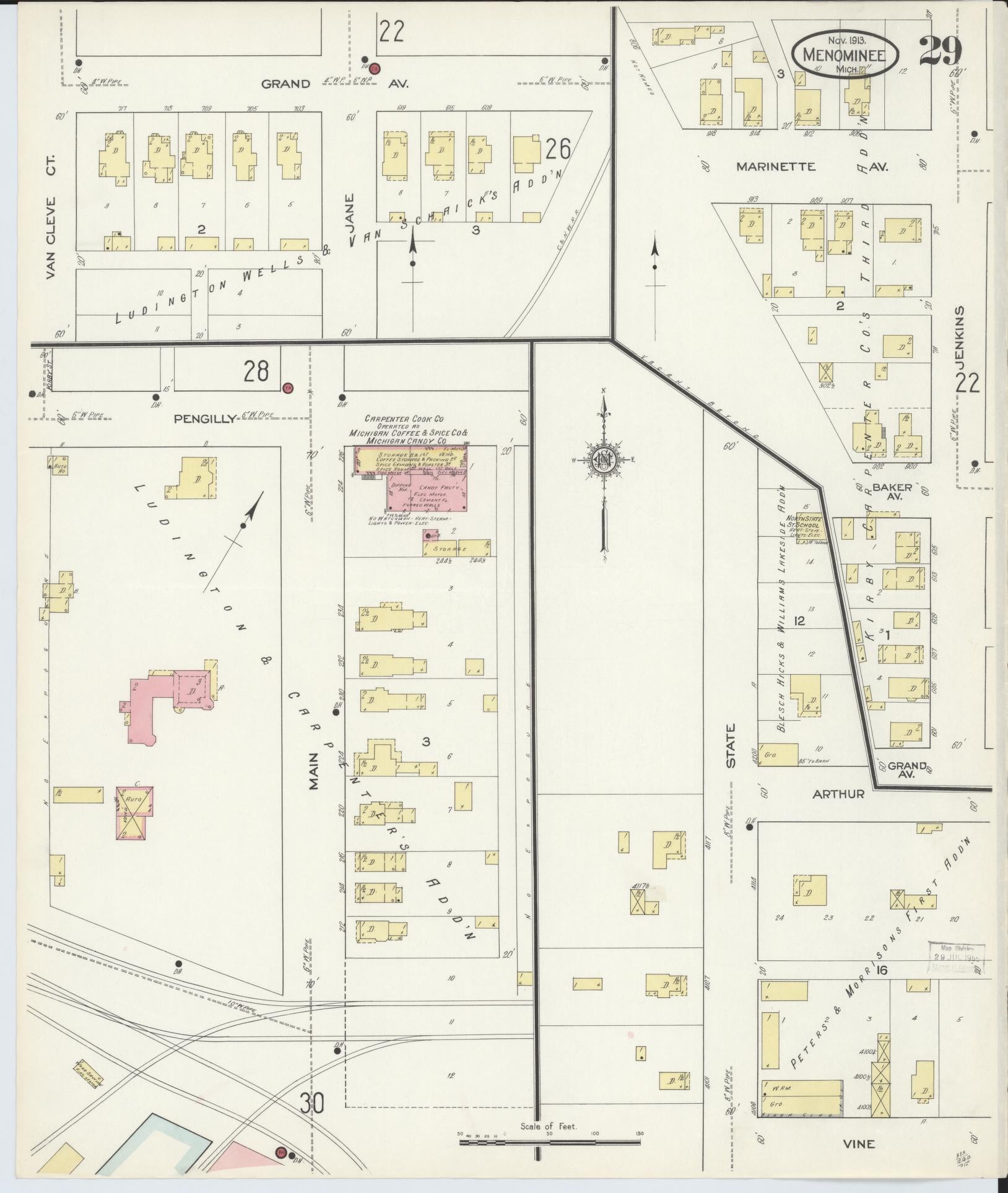 Sanborn Fire Insurance Map from Menominee, Menominee County, Michigan (1913), Sheet #0029 - Complete Map Set gallery image, historic Sanborn map, vintage wall art, Michigan Michigan