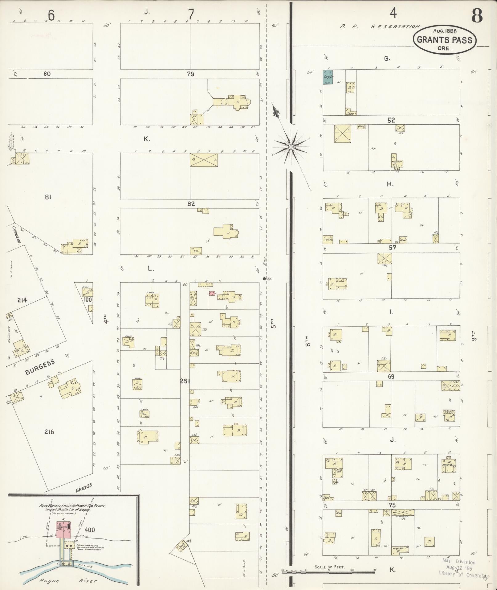 Sanborn Fire Insurance Map from Grants Pass, Josephine County, Oregon (1898), Sheet #0008 - Historic Sanborn Fire Insurance Map Print, vintage old map wall art, antique decor, genealogy gift, Oregon Oregon map