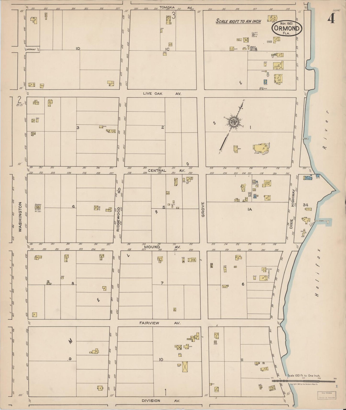 Sanborn Fire Insurance Map from Ormond, Volusia County, Florida (1921), Sheet #0004 - Complete Map Set gallery image, historic Sanborn map, vintage wall art, Florida Florida