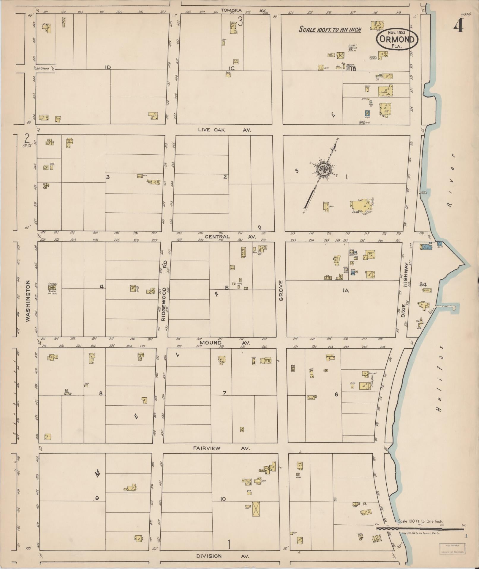 Sanborn Fire Insurance Map from Ormond, Volusia County, Florida (1921), Sheet #0004 - Complete Map Set gallery image, historic Sanborn map, vintage wall art, Florida Florida