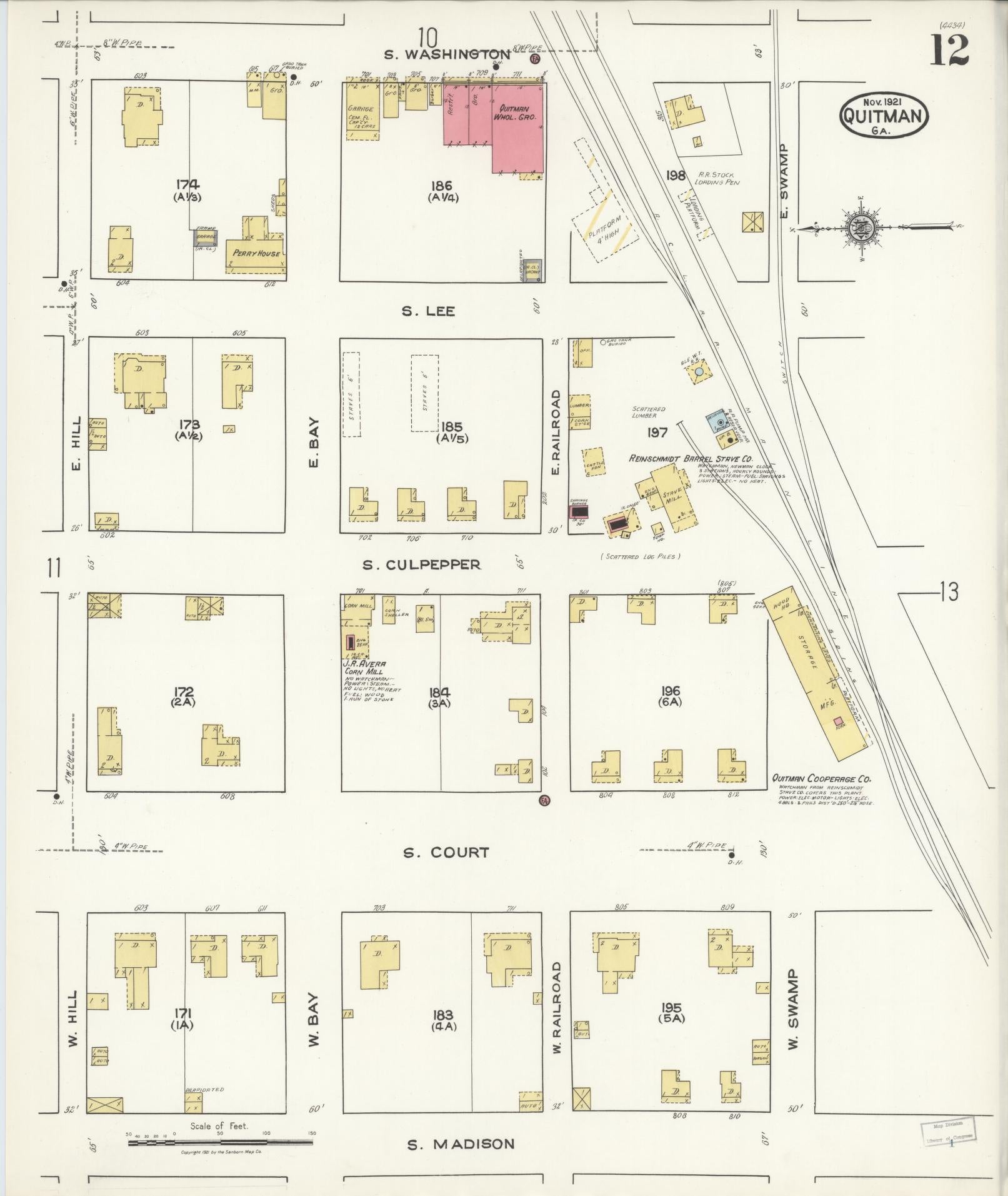Sanborn Fire Insurance Map from Quitman, Brooks County, Georgia (1921), Sheet #0012 - Complete Map Set gallery image, historic Sanborn map, vintage wall art, Georgia Georgia