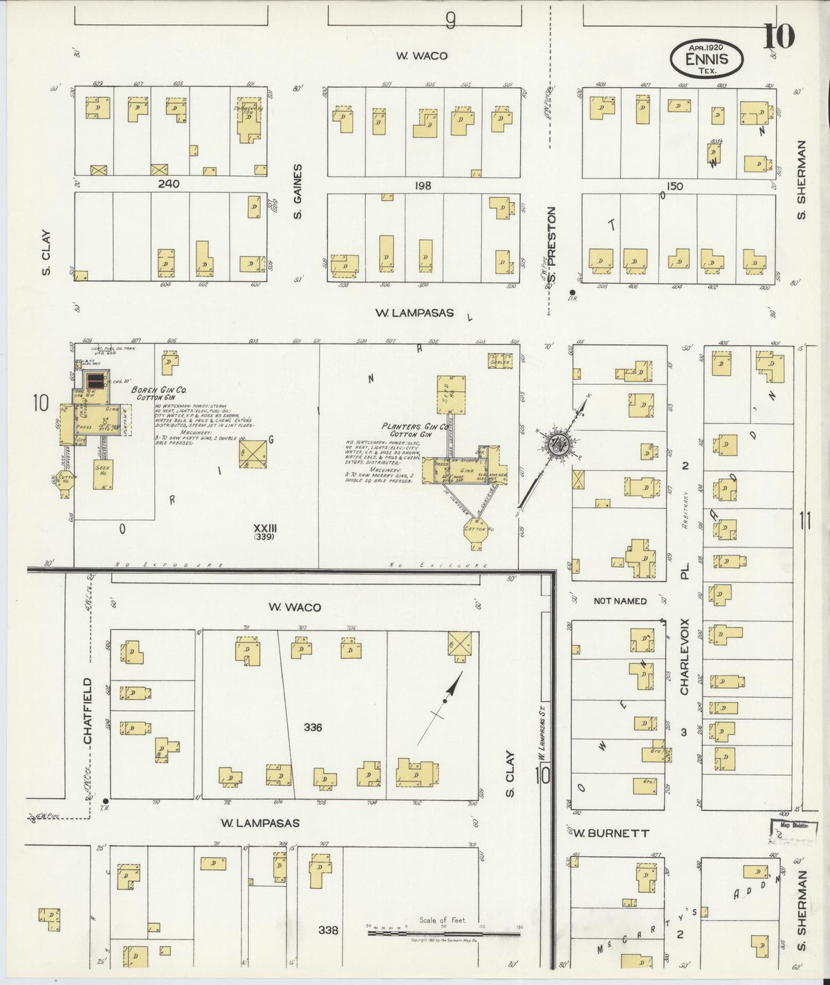Sanborn Fire Insurance Map from Ennis, Ellis County, Texas (1920), Sheet #0010 - Historic Sanborn Fire Insurance Map Print, vintage old map wall art, antique decor, genealogy gift, Texas Texas map