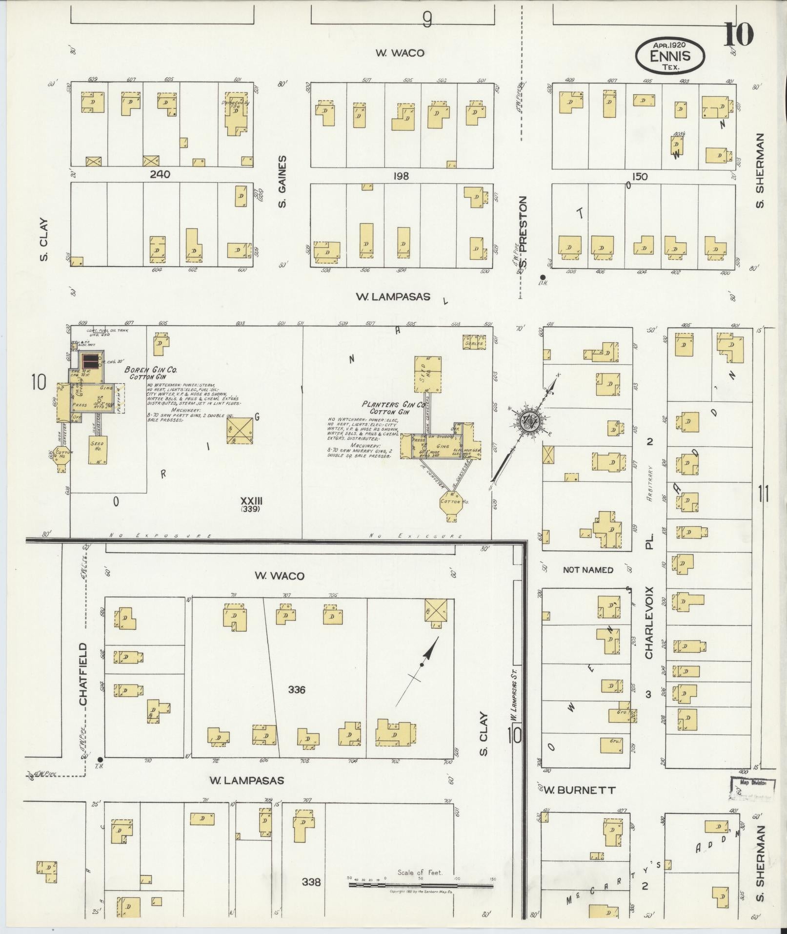 Sanborn Fire Insurance Map from Ennis, Ellis County, Texas (1920), Sheet #0010 - Historic Sanborn Fire Insurance Map Print, vintage old map wall art, antique decor, genealogy gift, Texas Texas map