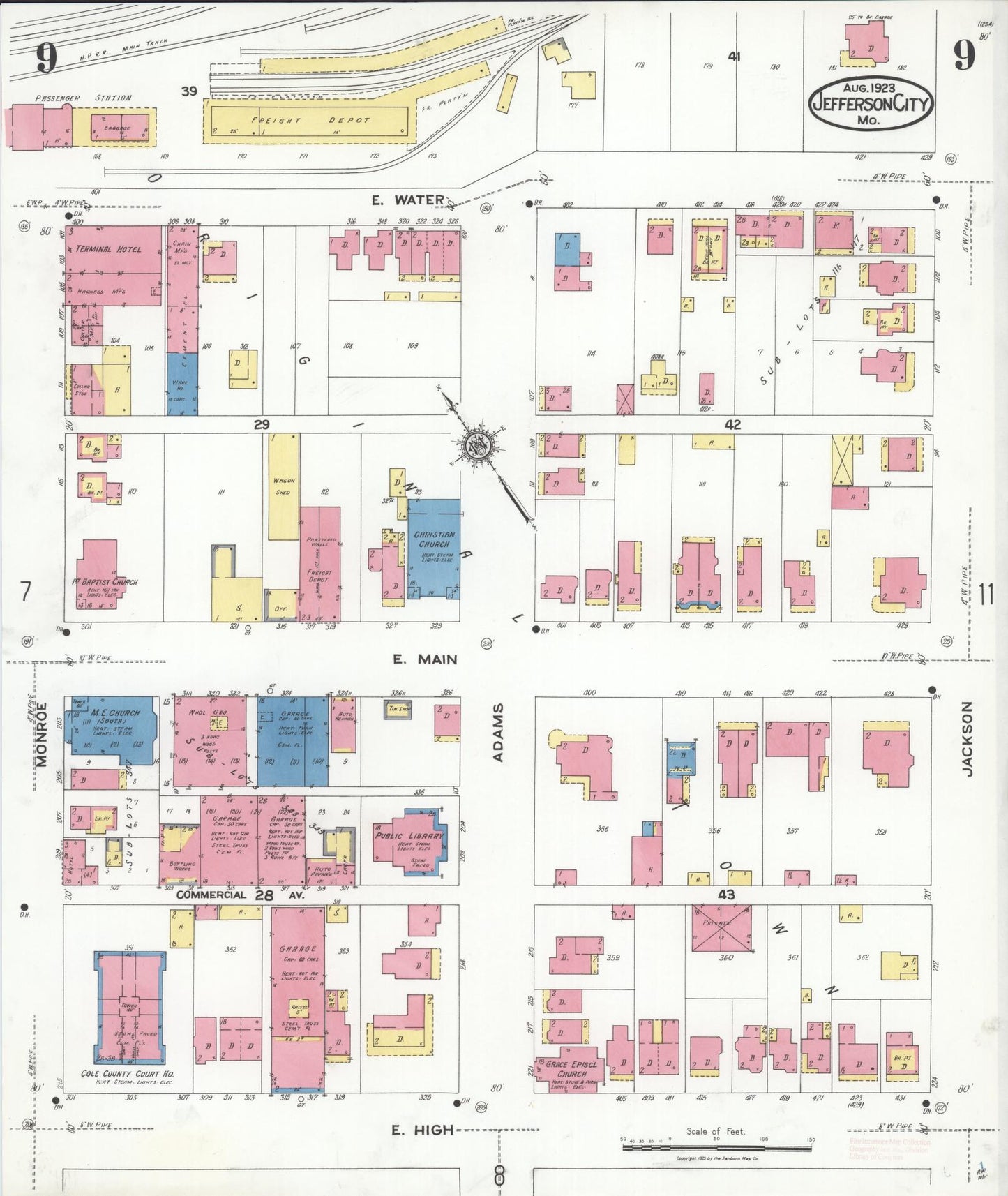 Sanborn Fire Insurance Map from Jefferson City, Cole County, Missouri (1923), Sheet #0009 - Historic Sanborn Fire Insurance Map Print, vintage old map wall art, antique decor, genealogy gift, Missouri Missouri map