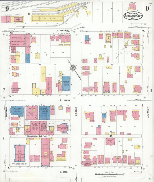 Sanborn Fire Insurance Map from Jefferson City, Cole County, Missouri (1923), Sheet #0009 - Historic Sanborn Fire Insurance Map Print, vintage old map wall art, antique decor, genealogy gift, Missouri Missouri map