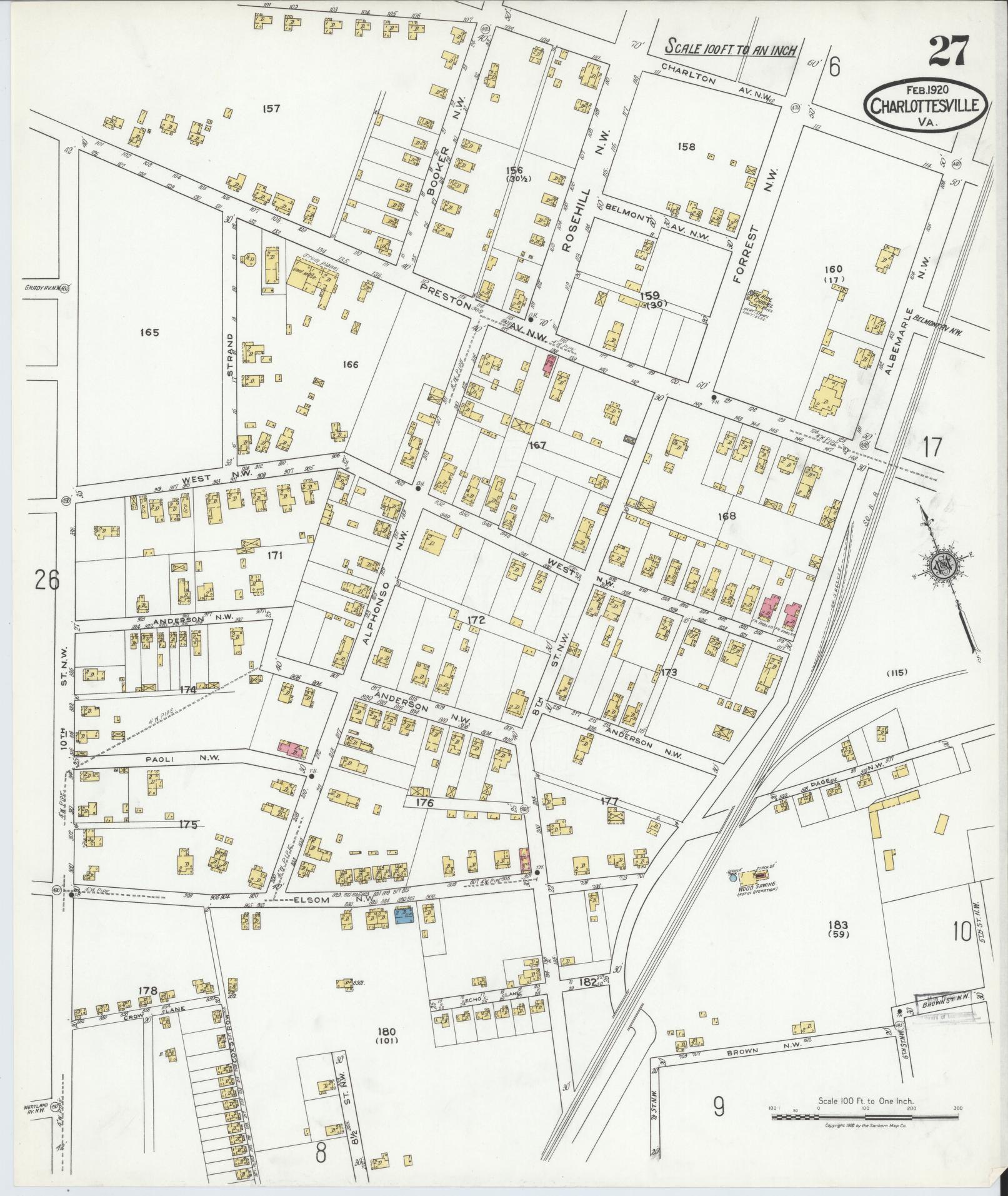 Sanborn Fire Insurance Map from Charlottesville, Independent Cities, Virginia (1920), Sheet #0027 - Complete Map Set gallery image, historic Sanborn map, vintage wall art, Virginia Virginia