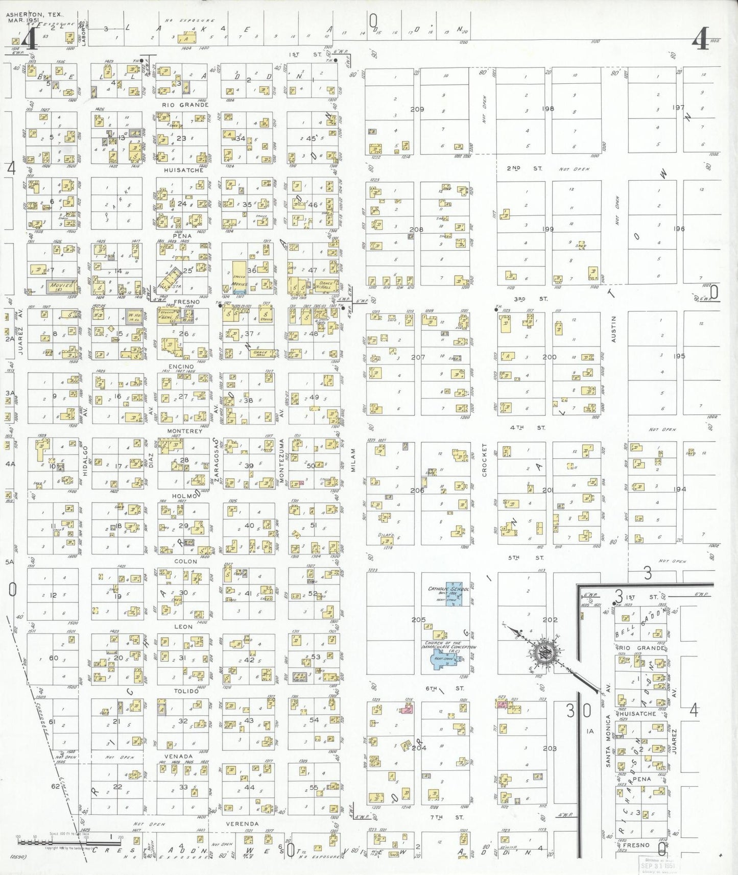 Sanborn Fire Insurance Map from Asherton, Dimmit County, Texas (1951), Sheet #0004 - Historic Sanborn Fire Insurance Map Print, vintage old map wall art, antique decor, genealogy gift, Texas Texas map