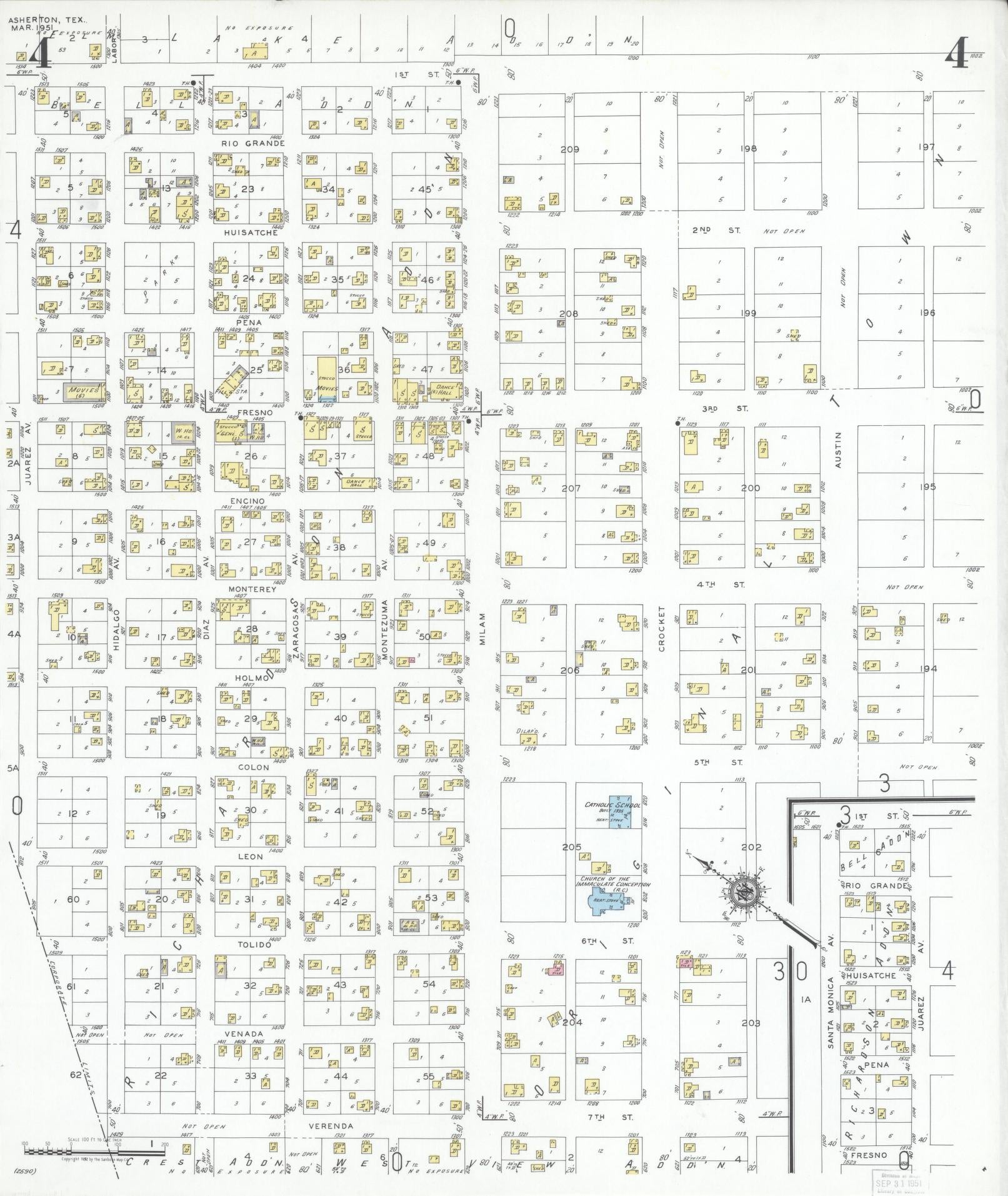 Sanborn Fire Insurance Map from Asherton, Dimmit County, Texas (1951), Sheet #0004 - Historic Sanborn Fire Insurance Map Print, vintage old map wall art, antique decor, genealogy gift, Texas Texas map