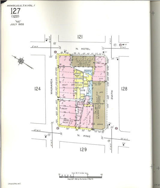 Sanborn Fire Insurance Map from Honolulu, Oahu County, Hawaii (1955), Sheet #0127 - Historic Sanborn Fire Insurance Map Print, vintage old map wall art