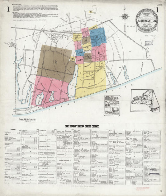 Sanborn Fire Insurance Map from Southampton, Suffolk County, New York (1926), Sheet #0001 - Historic Sanborn Fire Insurance Map Print, vintage old map wall art, antique decor, genealogy gift, New York New York map