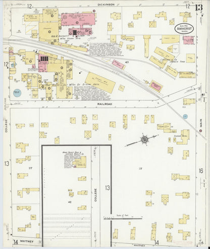 Sanborn Fire Insurance Map from Amherst, Hampshire County, Massachusetts (1910), Sheet #0013 - Historic Sanborn Fire Insurance Map Print, vintage old map wall art, antique decor, genealogy gift, Massachusetts Massachusetts map