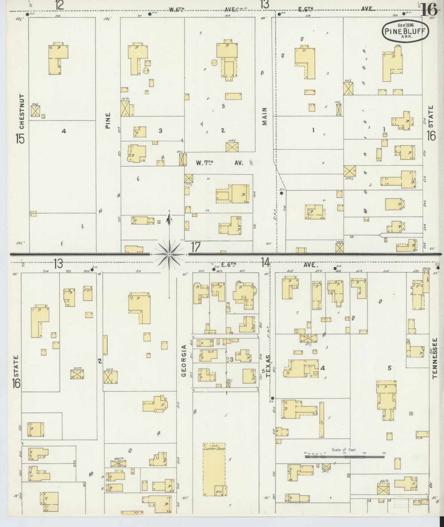 Sanborn Fire Insurance Map from Pine Bluff, Jefferson County, Arkansas (1896), Sheet #0016 - Complete Map Set gallery image, historic Sanborn map, vintage wall art, Arkansas Arkansas