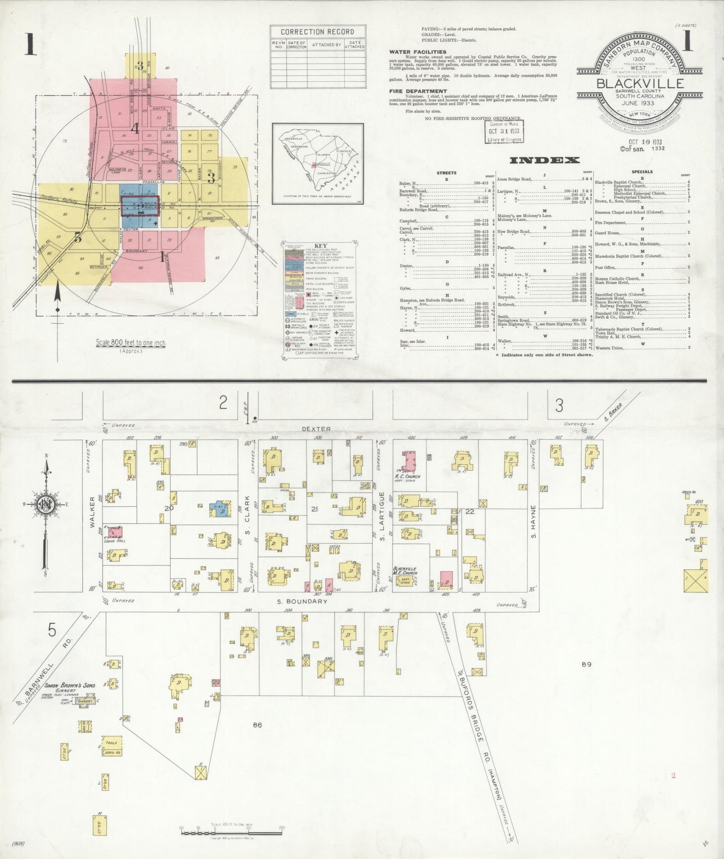 Sanborn Fire Insurance Map from Blackville, Barnwell County, South Carolina (1933), Sheet #0001 - Historic Sanborn Fire Insurance Map Print, vintage old map wall art, antique decor, genealogy gift, South Carolina South Carolina map