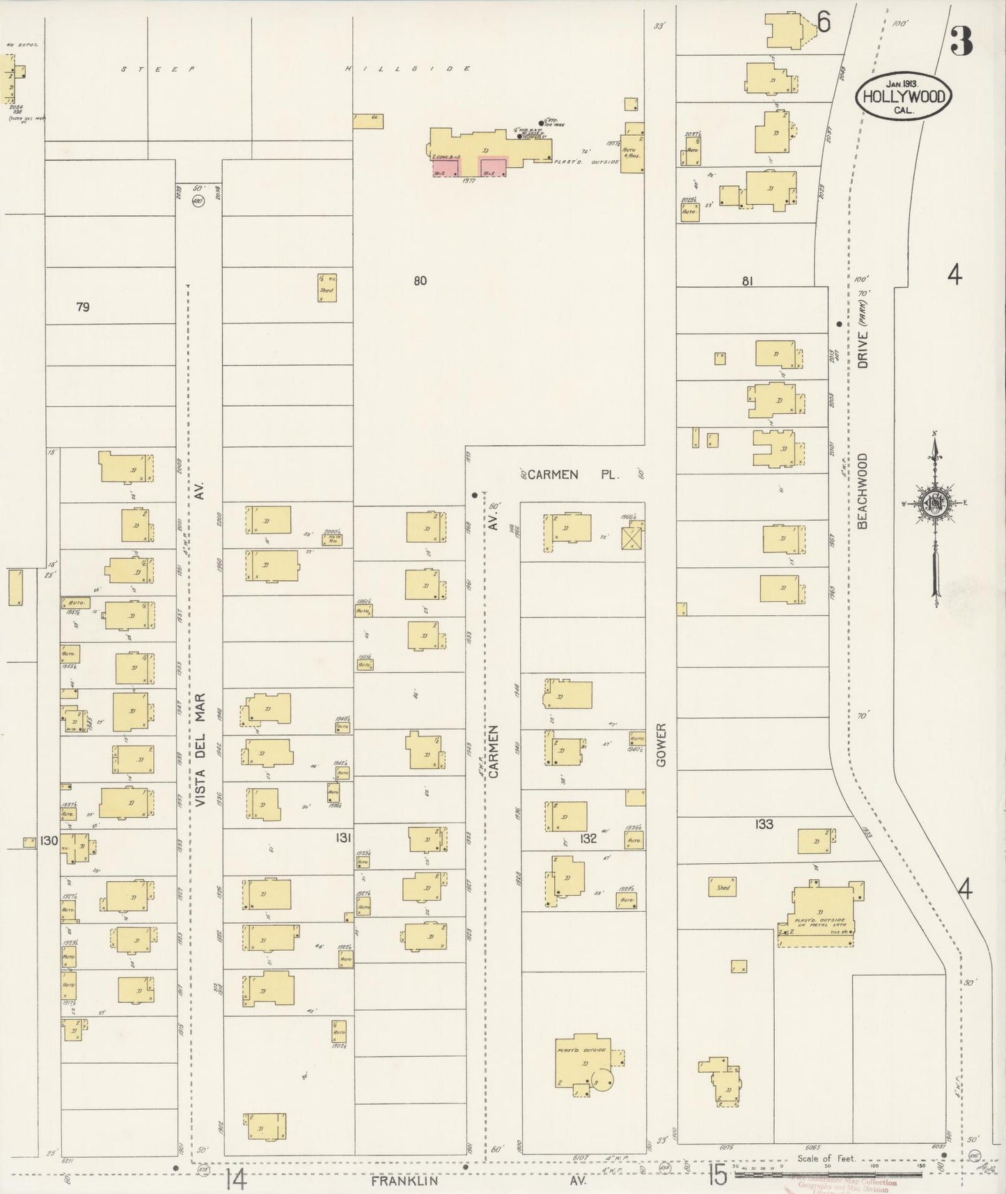 Sanborn Fire Insurance Map from Hollywood, Los Angeles County, California (1913), Sheet #0003 - Historic Sanborn Fire Insurance Map Print, vintage old map wall art, antique decor, genealogy gift, California California map