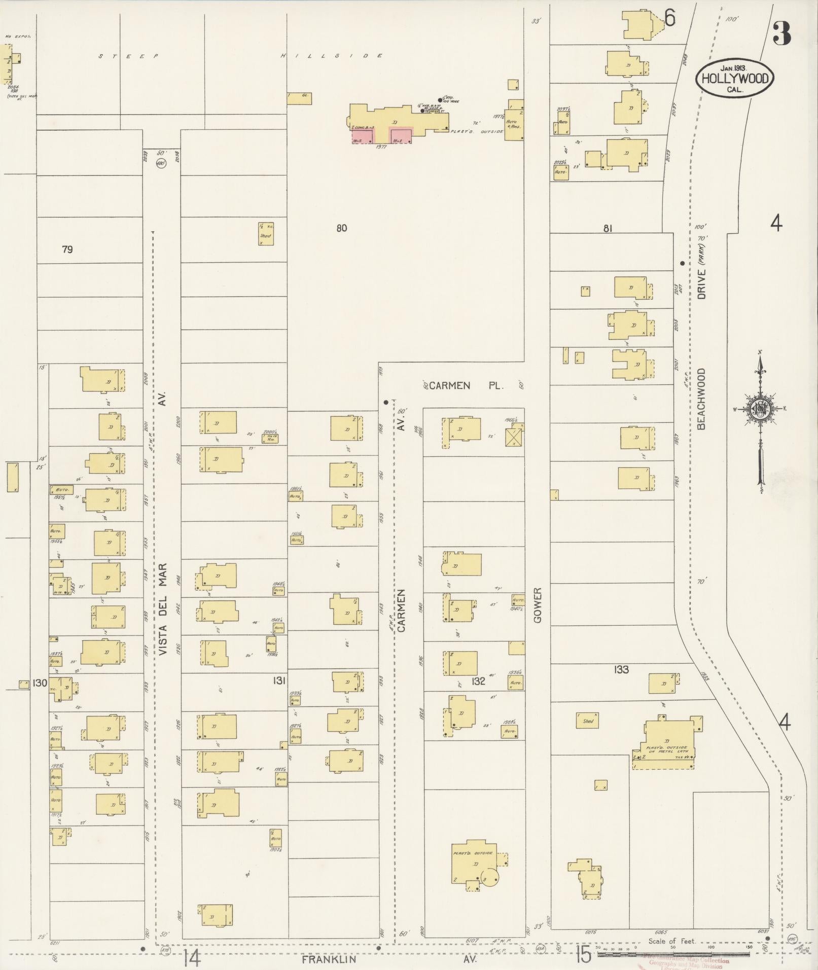 Sanborn Fire Insurance Map from Hollywood, Los Angeles County, California (1913), Sheet #0003 - Historic Sanborn Fire Insurance Map Print, vintage old map wall art, antique decor, genealogy gift, California California map