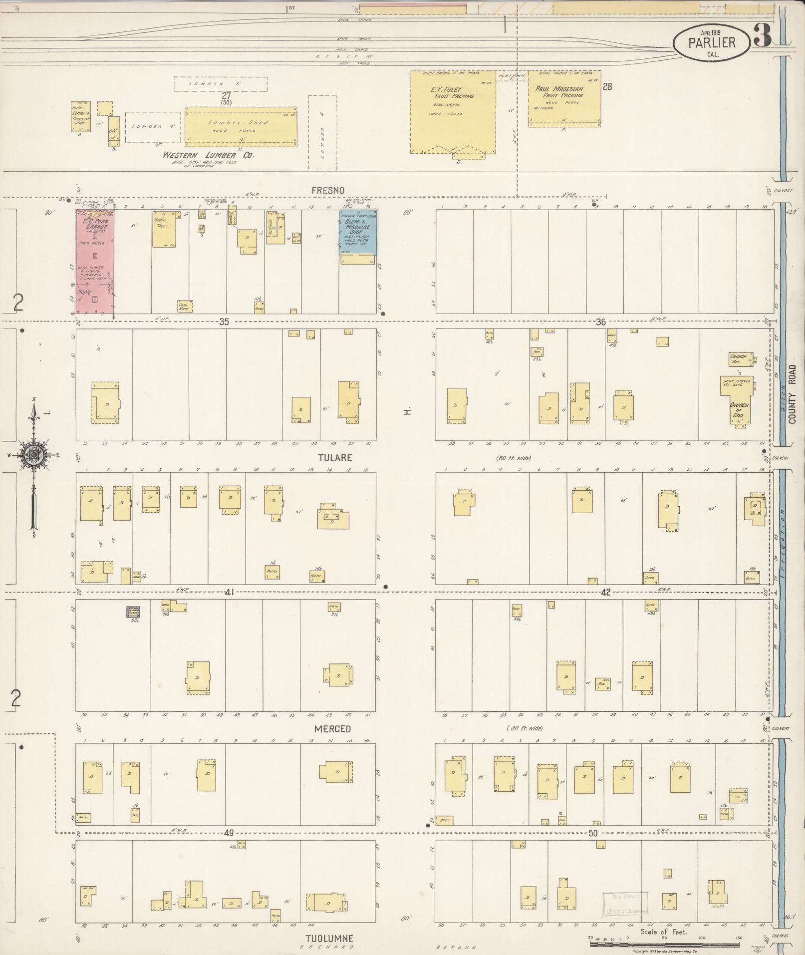Sanborn Fire Insurance Map from Parlier, Fresno County, California (1919), Sheet #0003 - Complete Map Set gallery image, historic Sanborn map, vintage wall art, California California
