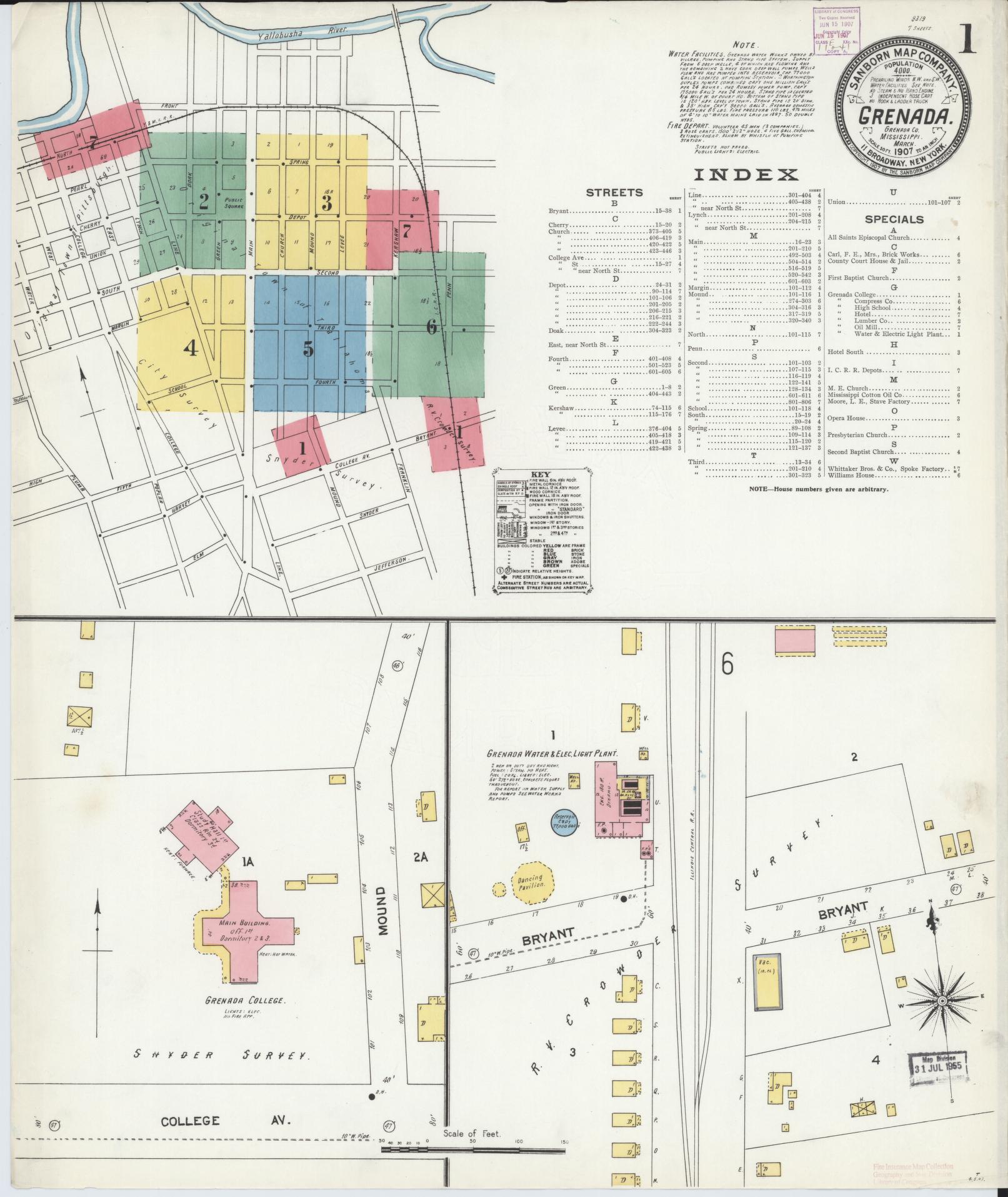 Sanborn Fire Insurance Map from Grenada, Grenada County, Mississippi (1907), Sheet #0001 - Historic Sanborn Fire Insurance Map Print, vintage old map wall art, antique decor, genealogy gift, Mississippi Mississippi map