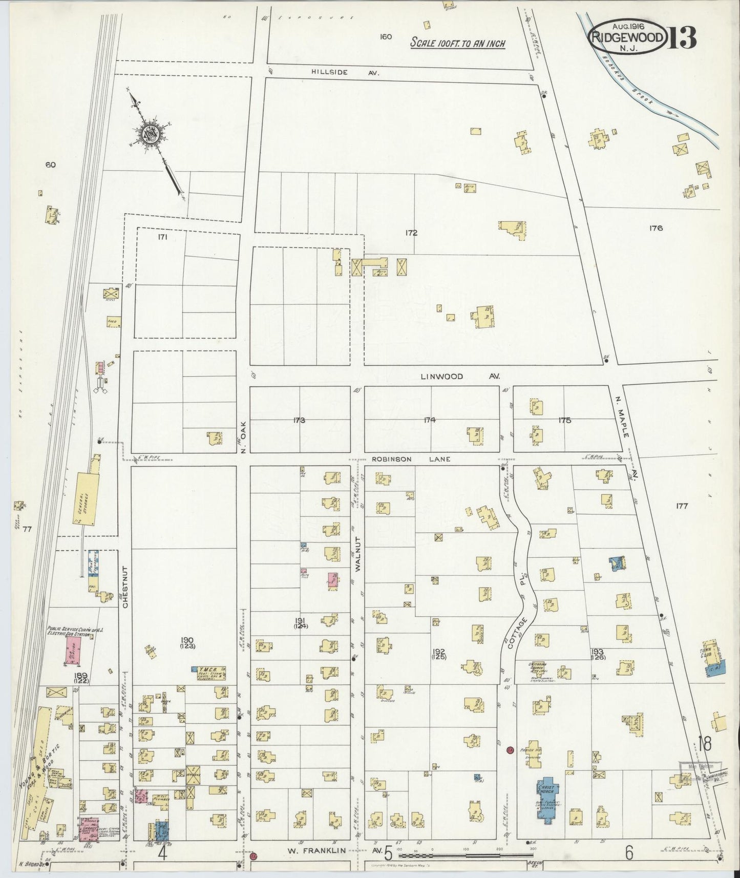 Sanborn Fire Insurance Map from Ridgewood, Bergen County, New Jersey (1916), Sheet #0013 - Complete Map Set gallery image, historic Sanborn map, vintage wall art, New Jersey New Jersey