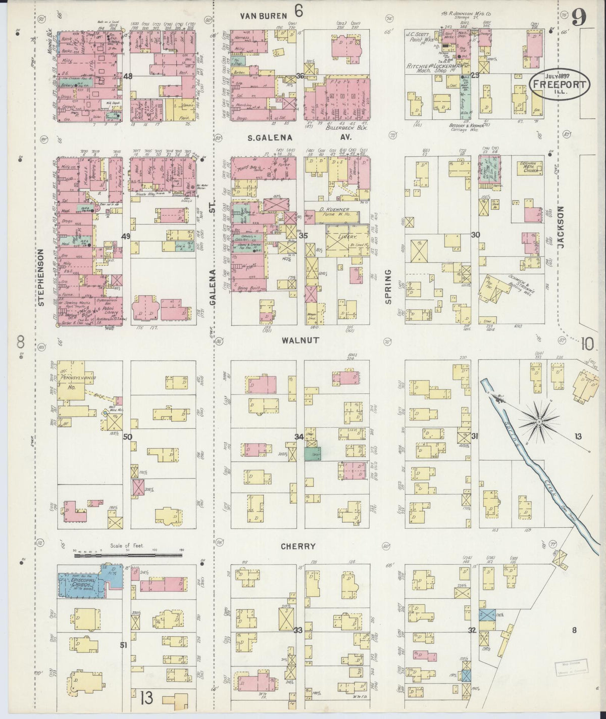 Sanborn Fire Insurance Map from Freeport, Stephenson County, Illinois (1897), Sheet #0009 - Historic Sanborn Fire Insurance Map Print, vintage old map wall art, antique decor, genealogy gift, Illinois Illinois map