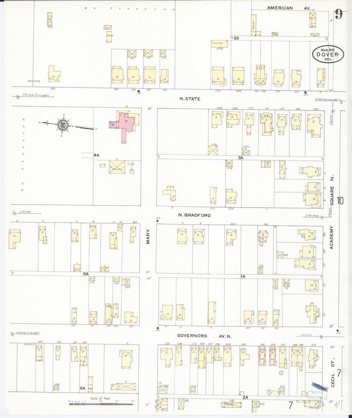 Sanborn Fire Insurance Map from Dover, Kent County, Delaware (1910), Sheet #0009 - Historic Sanborn Fire Insurance Map Print, vintage old map wall art, antique decor, genealogy gift, Delaware Delaware map