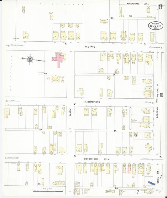 Sanborn Fire Insurance Map from Dover, Kent County, Delaware (1910), Sheet #0009 - Historic Sanborn Fire Insurance Map Print, vintage old map wall art, antique decor, genealogy gift, Delaware Delaware map