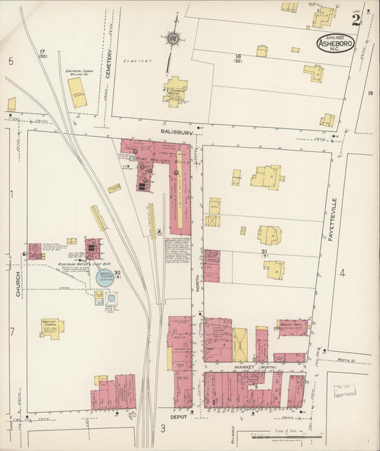 Sanborn Fire Insurance Map from Asheboro, Randolph County, North Carolina (1922), Sheet #0002 - Historic Sanborn Fire Insurance Map Print, vintage old map wall art, antique decor, genealogy gift, North Carolina North Carolina map