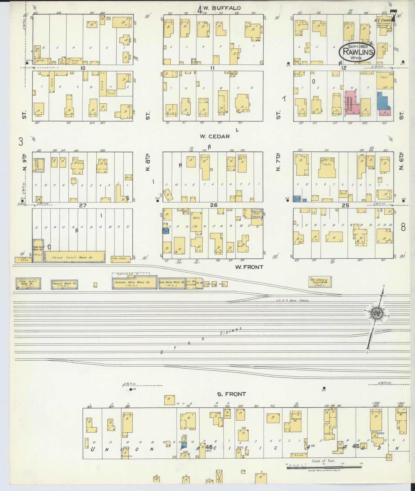 Sanborn Fire Insurance Map from Rawlins, Carbon County, Wyoming (1920), Sheet #0007 - Complete Map Set gallery image, historic Sanborn map, vintage wall art, Wyoming Wyoming