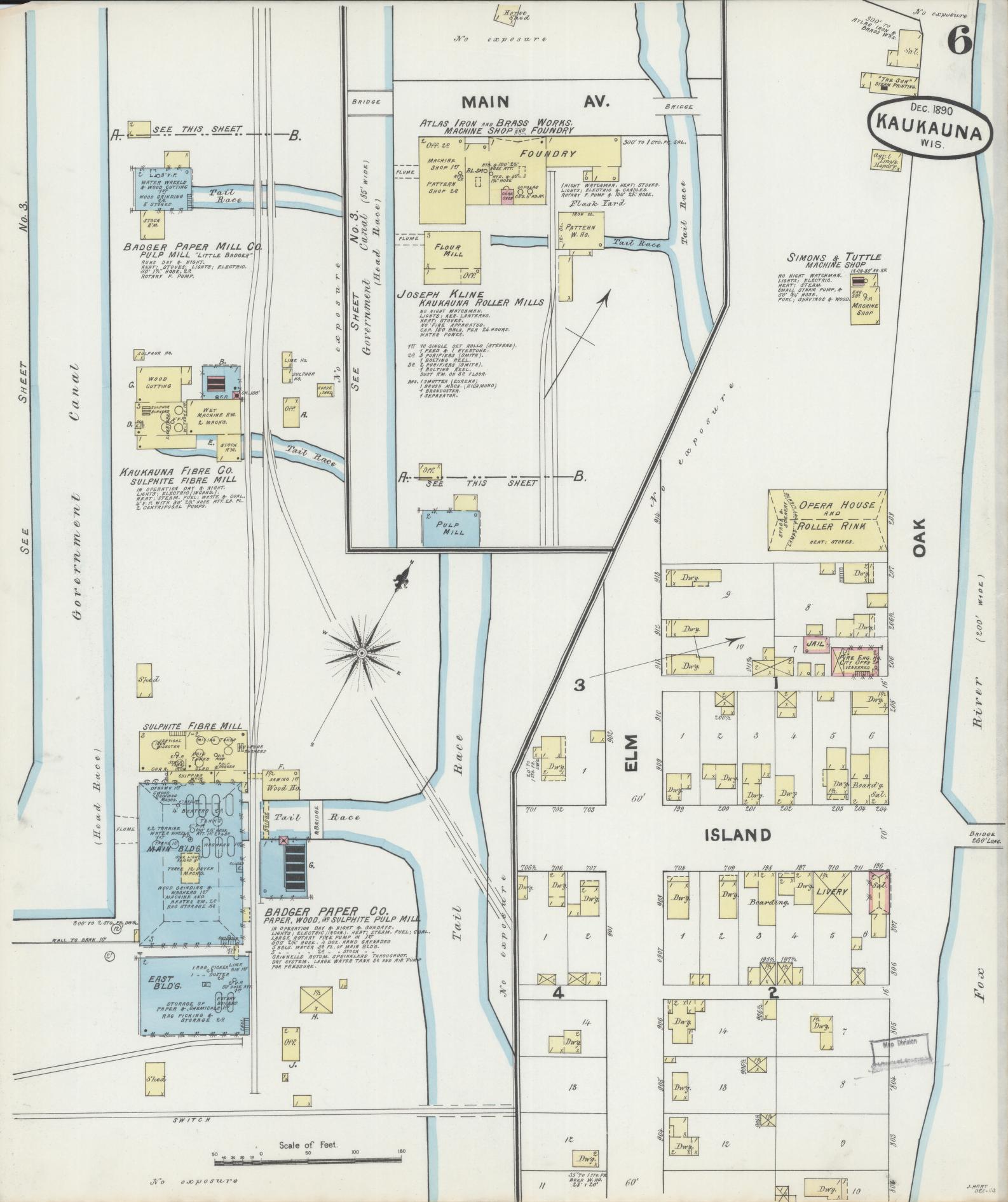 Sanborn Fire Insurance Map from Kaukauna, Outagamie County, Wisconsin (1890), Sheet #0006 - Historic Sanborn Fire Insurance Map Print, vintage old map wall art, antique decor, genealogy gift, Wisconsin Wisconsin map