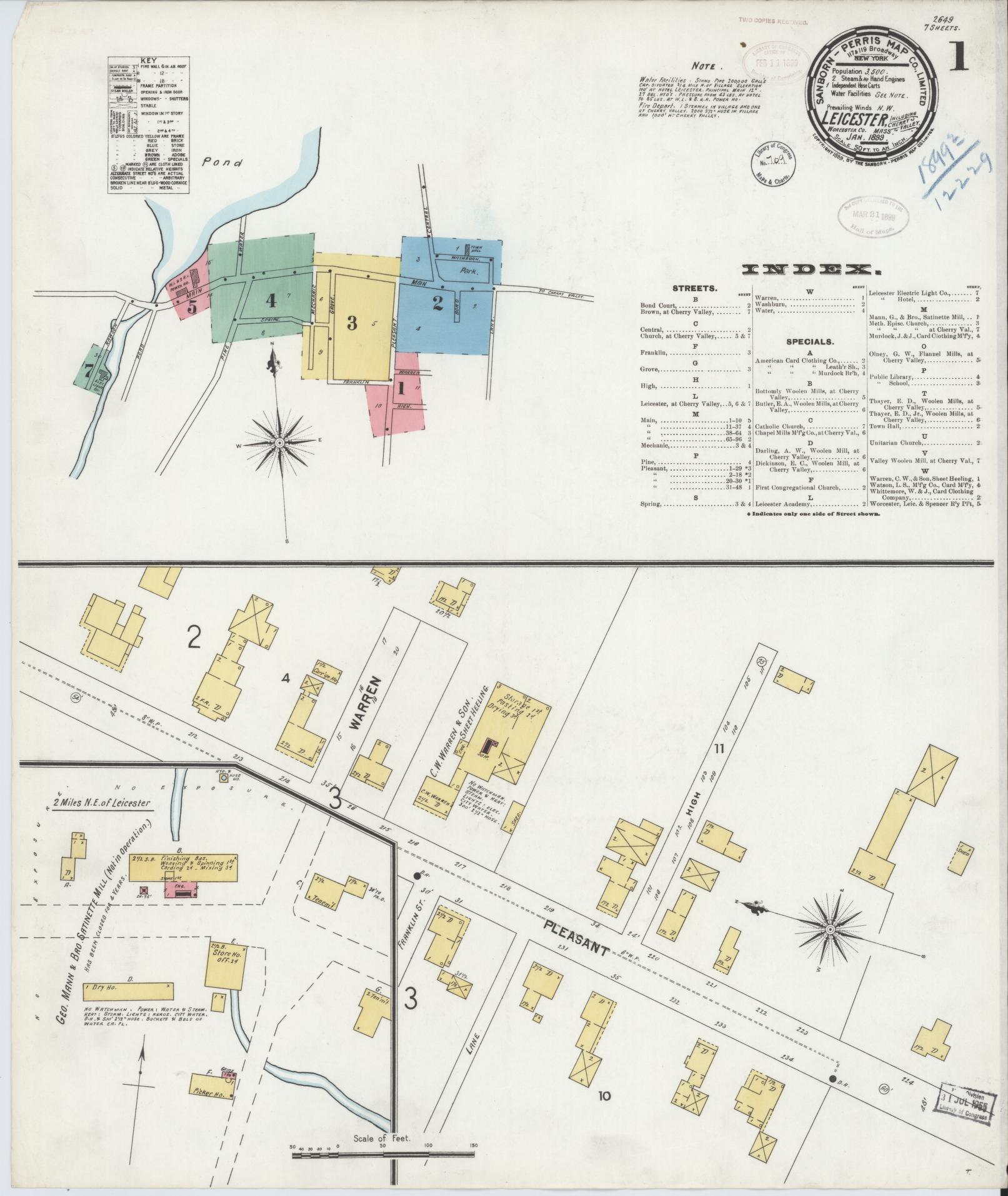 Sanborn Fire Insurance Map from Leicester, Worcester County, Massachusetts (1889), Sheet #0001 - Historic Sanborn Fire Insurance Map Print, vintage old map wall art, antique decor, genealogy gift, Massachusetts Massachusetts map