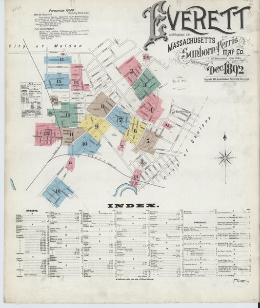 Sanborn Fire Insurance Map from Everett, Middlesex County, Massachusetts (1892), Sheet #0001 - Historic Sanborn Fire Insurance Map Print, vintage old map wall art, antique decor, genealogy gift, Massachusetts Massachusetts map