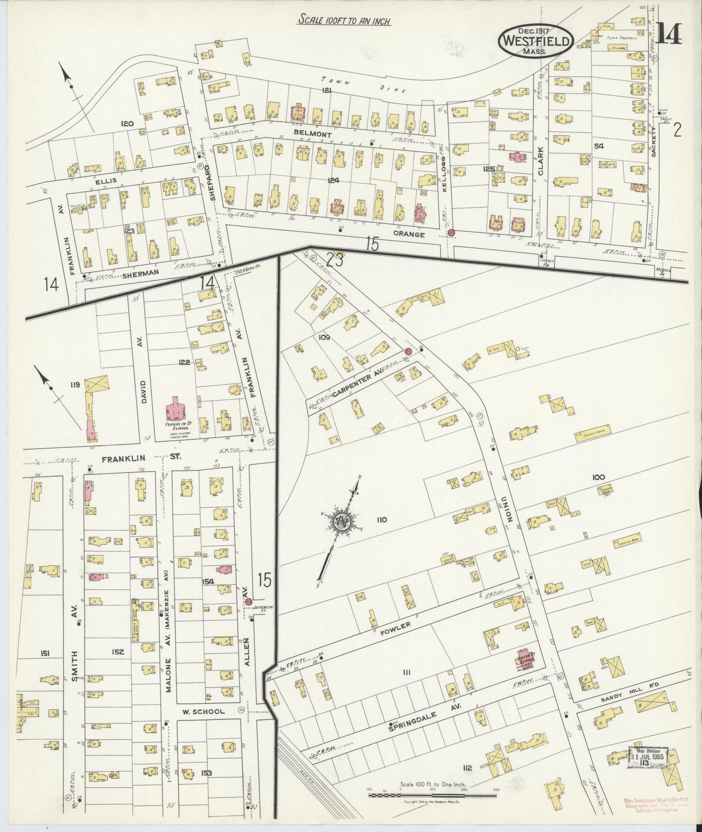 Sanborn Fire Insurance Map from Westfield, Hampden County, Massachusetts (1917), Sheet #0014 - Complete Map Set gallery image, historic Sanborn map, vintage wall art, Massachusetts Massachusetts