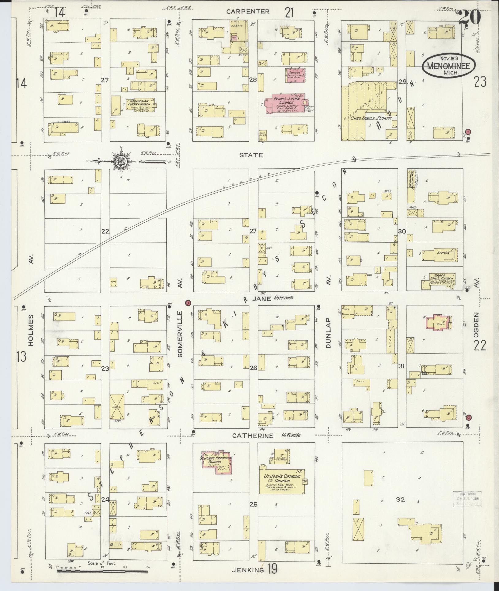 Sanborn Fire Insurance Map from Menominee, Menominee County, Michigan (1913), Sheet #0020 - Complete Map Set gallery image, historic Sanborn map, vintage wall art, Michigan Michigan