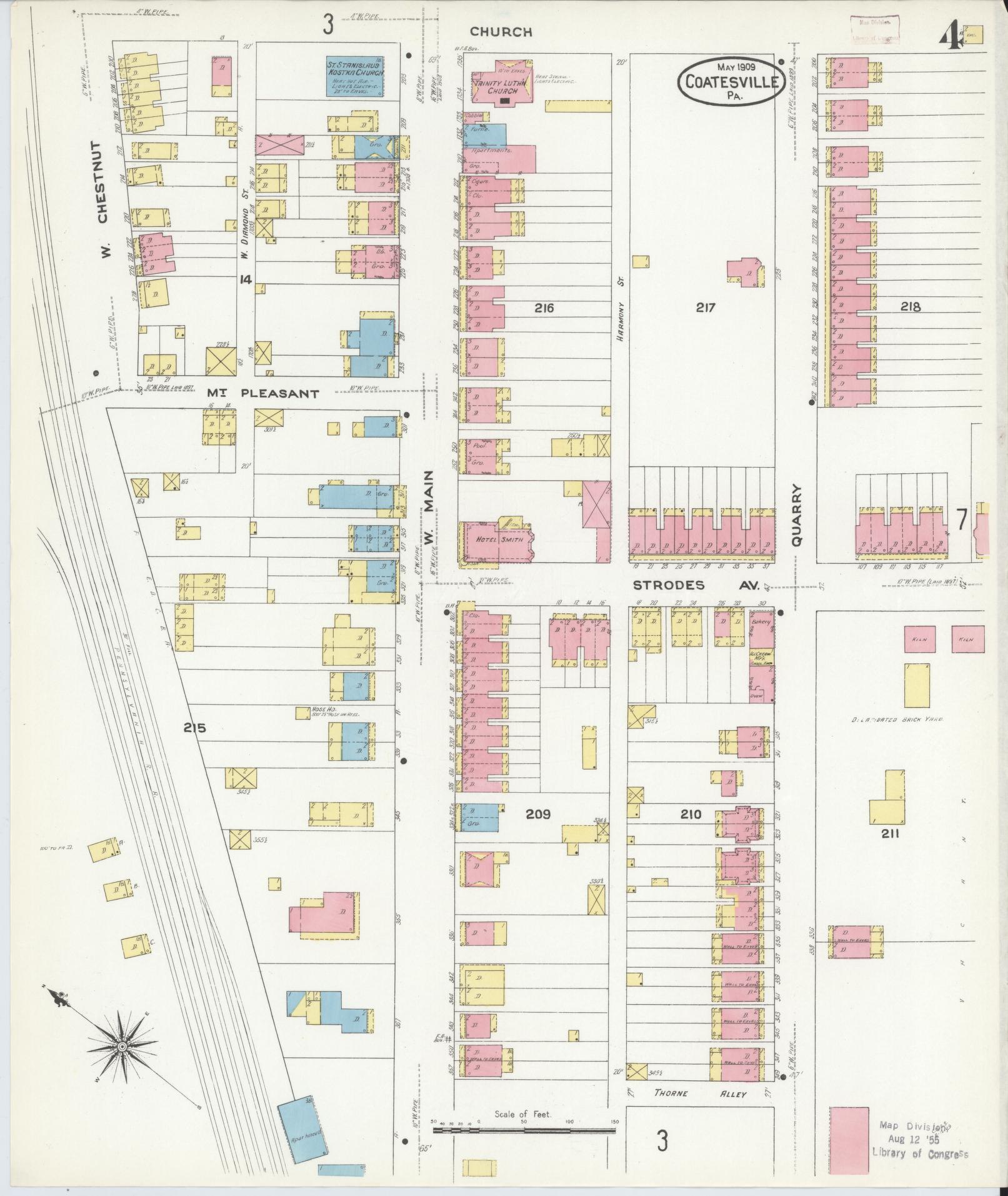 Sanborn Fire Insurance Map from Coatesville, Chester County, Pennsylvania (1909), Sheet #0004 - Historic Sanborn Fire Insurance Map Print, vintage old map wall art, antique decor, genealogy gift, Pennsylvania Pennsylvania map