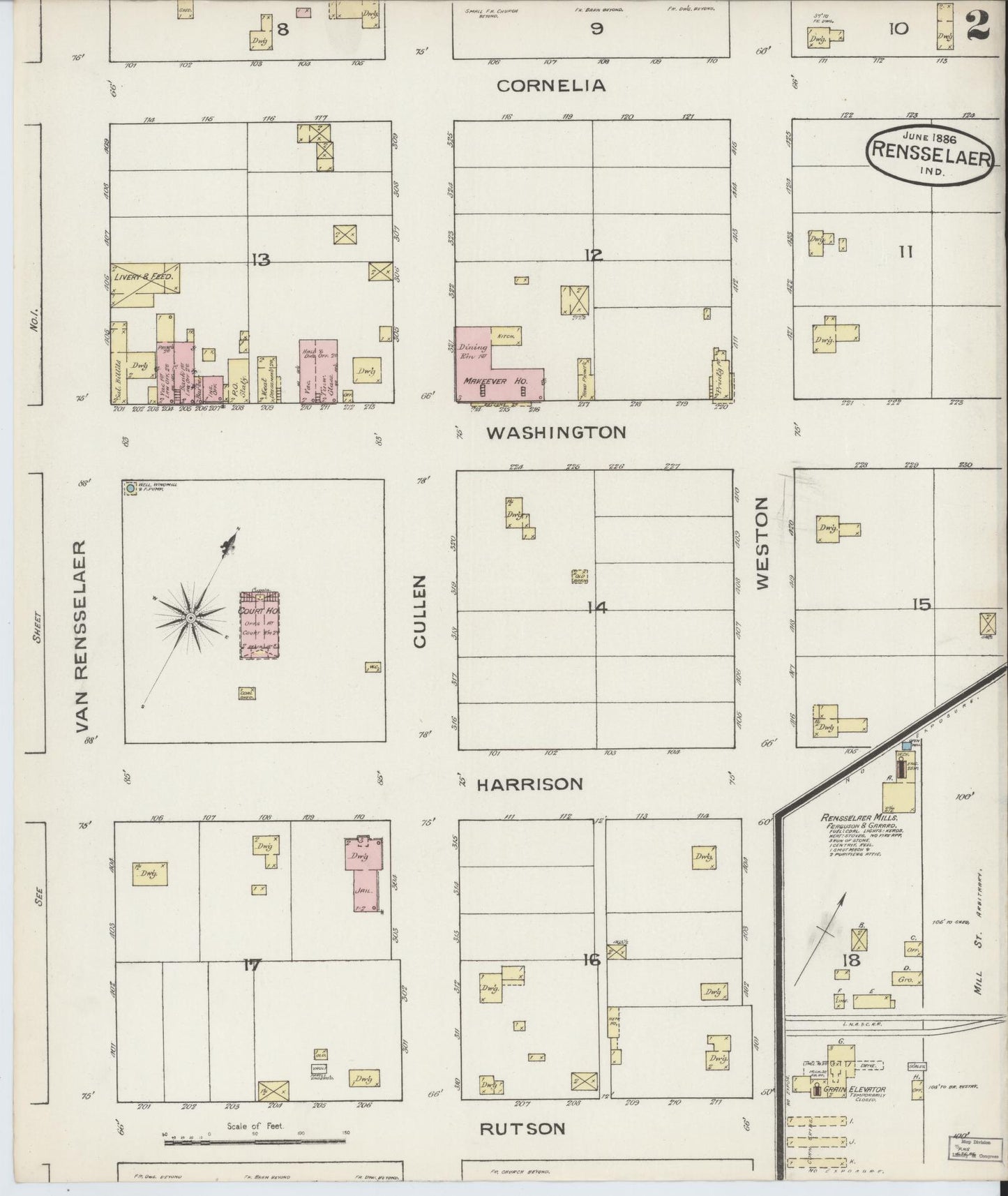 Sanborn Fire Insurance Map from Rensselaer, Jasper County, Indiana (1886), Sheet #0002 - Complete Map Set gallery image, historic Sanborn map, vintage wall art, Indiana Indiana