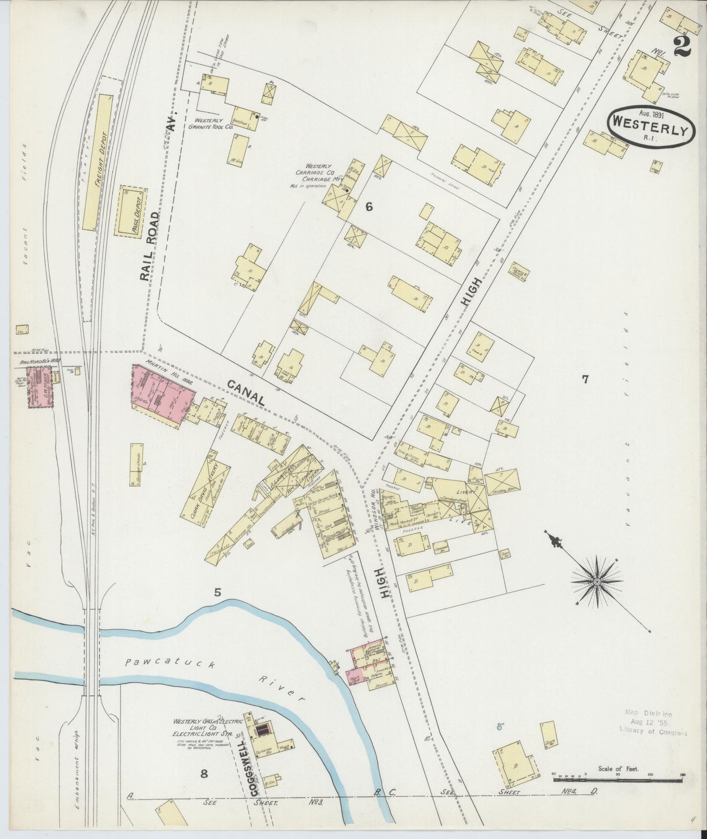 Sanborn Fire Insurance Map from Westerly, Washington County, Rhode Island (1891), Sheet #0002 - Complete Map Set gallery image, historic Sanborn map, vintage wall art, Rhode Island Rhode Island