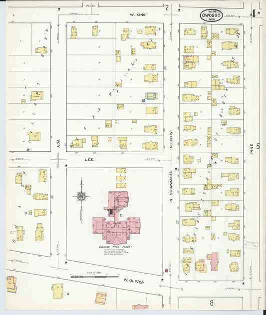 Sanborn Fire Insurance Map from Owosso, Shiawassee County, Michigan (1915), Sheet #0004 - Historic Sanborn Fire Insurance Map Print, vintage old map wall art, antique decor, genealogy gift, Michigan Michigan map
