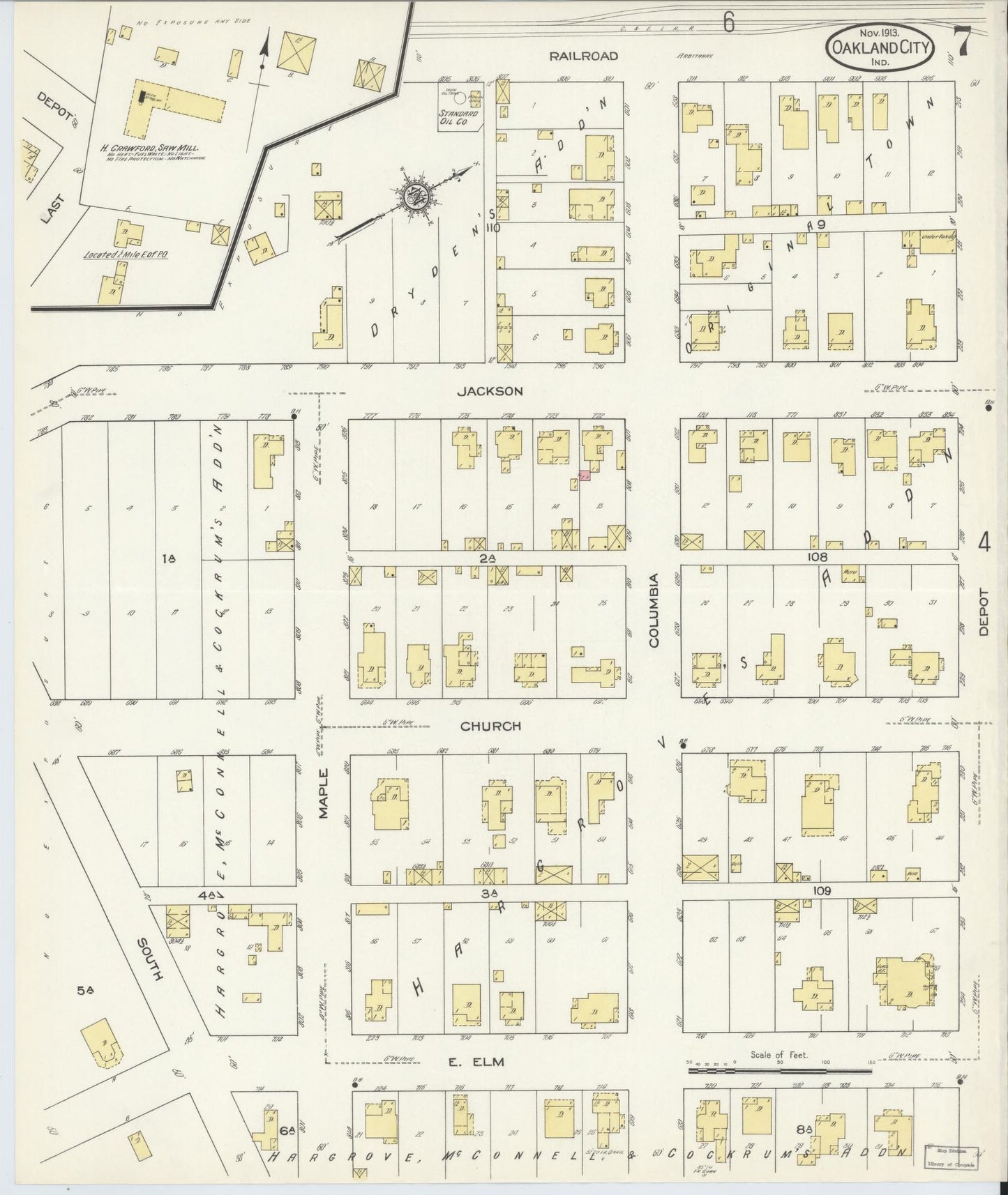 Sanborn Fire Insurance Map from Oakland City, Gibson County, Indiana (1913), Sheet #0007 - Complete Map Set gallery image, historic Sanborn map, vintage wall art, Indiana Indiana