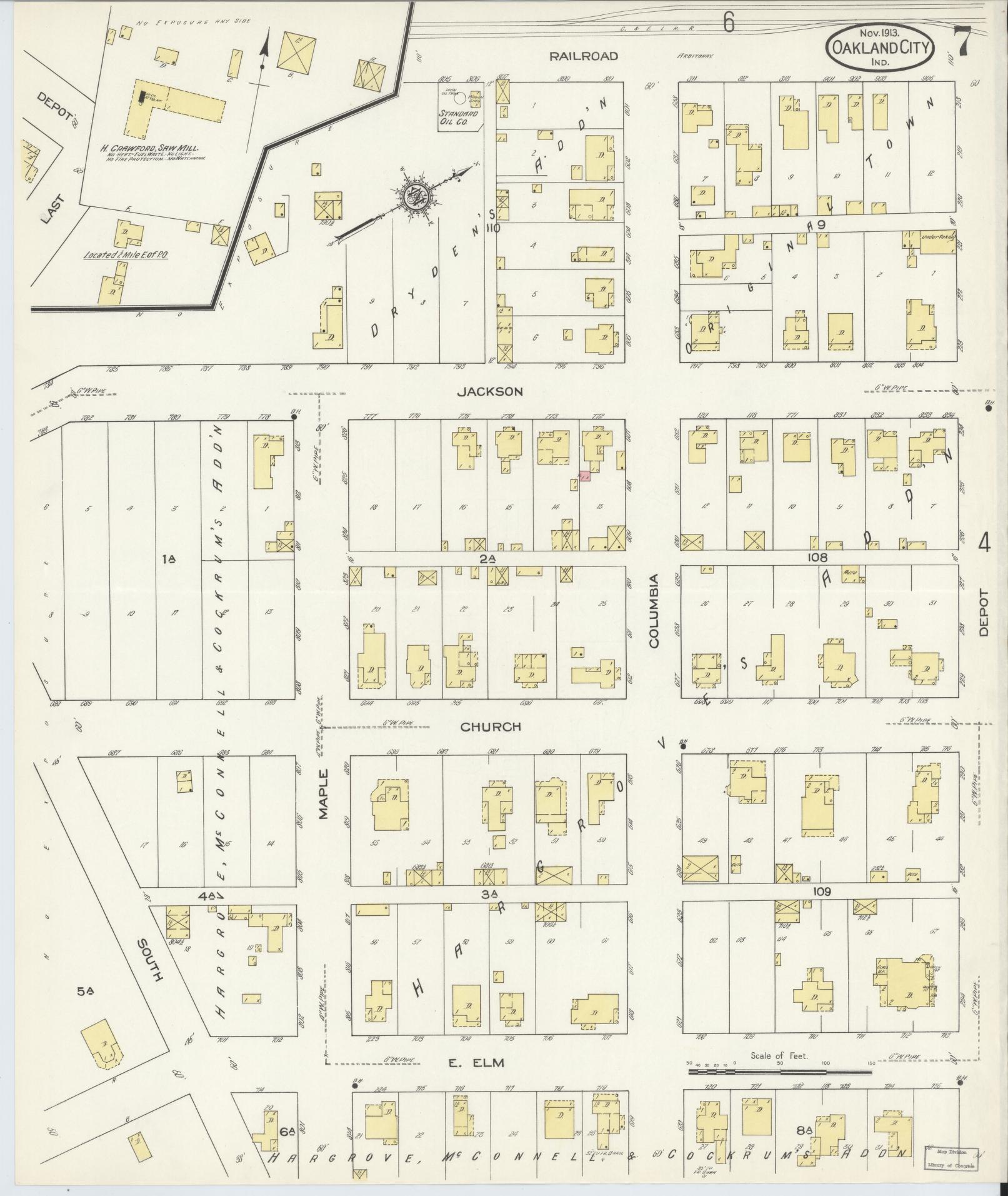 Sanborn Fire Insurance Map from Oakland City, Gibson County, Indiana (1913), Sheet #0007 - Complete Map Set gallery image, historic Sanborn map, vintage wall art, Indiana Indiana