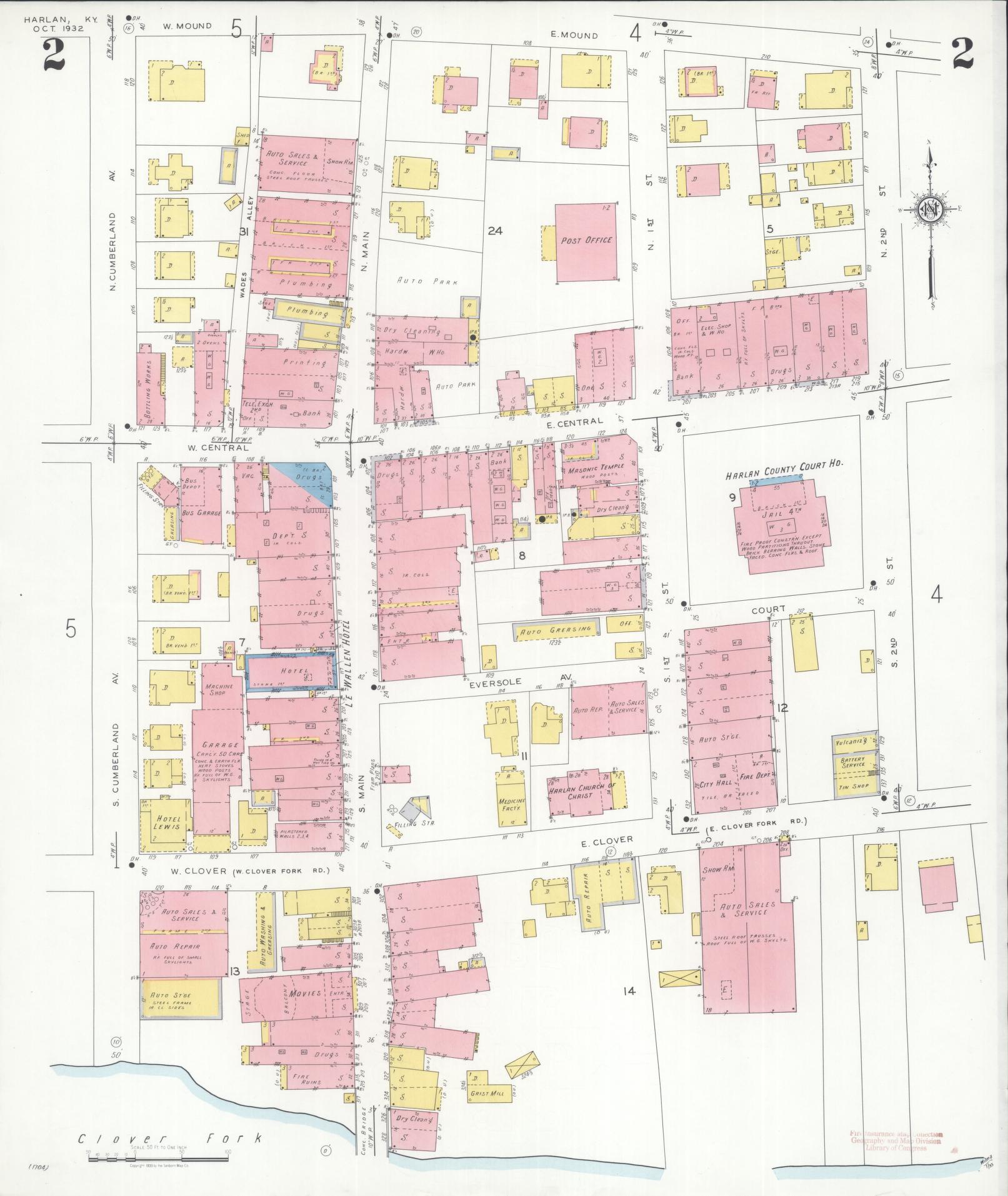 Sanborn Fire Insurance Map from Harlan, Harlan County, Kentucky (1932), Sheet #0002 - Complete Map Set gallery image, historic Sanborn map, vintage wall art, Kentucky Kentucky