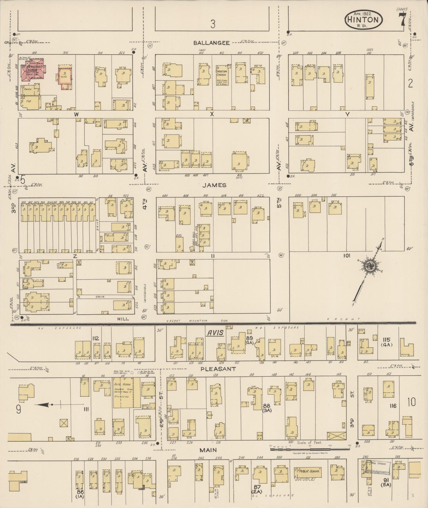 Sanborn Fire Insurance Map from Hinton, Summer County, West Virginia (1922), Sheet #0007 - Complete Map Set gallery image, historic Sanborn map, vintage wall art, West Virginia West Virginia