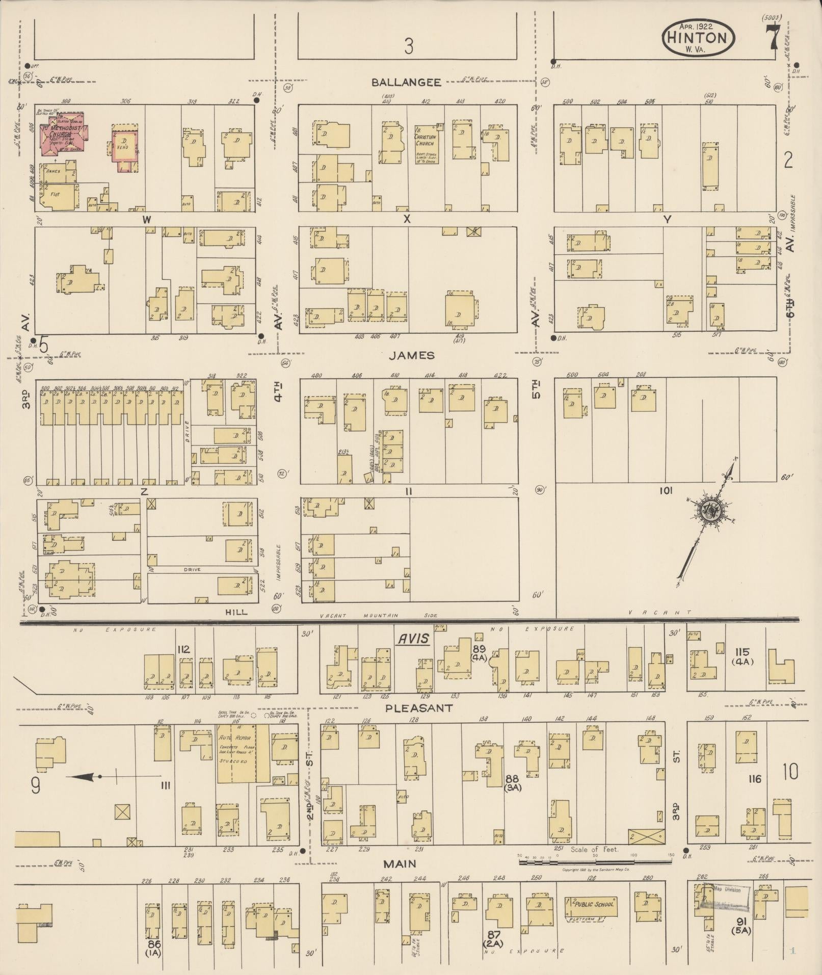 Sanborn Fire Insurance Map from Hinton, Summer County, West Virginia (1922), Sheet #0007 - Complete Map Set gallery image, historic Sanborn map, vintage wall art, West Virginia West Virginia
