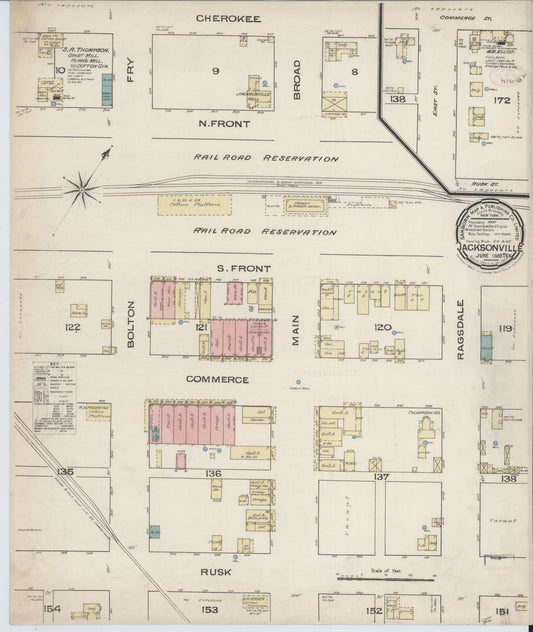 Sanborn Fire Insurance Map from Jacksonville, Cherokee County, Texas (1885), Sheet #0001 - Historic Sanborn Fire Insurance Map Print, vintage old map wall art, antique decor, genealogy gift, Texas Texas map