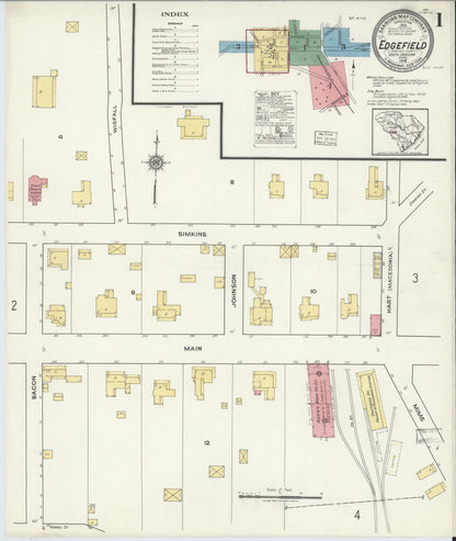 Sanborn Fire Insurance Map from Edgefield, Edgefield County, South Carolina (1918), Sheet #0001 - Complete Map Set gallery image, historic Sanborn map, vintage wall art, South Carolina South Carolina