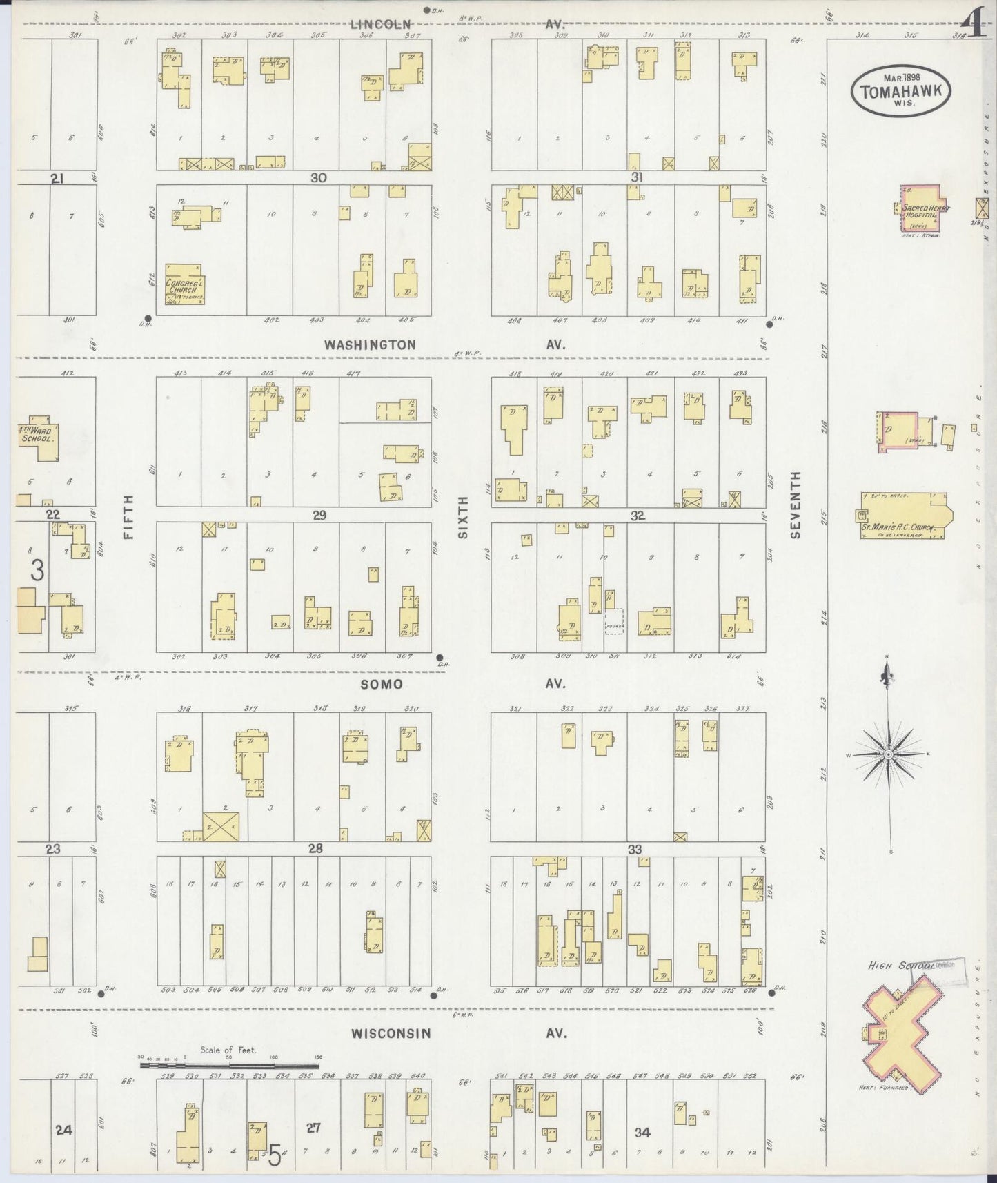 Sanborn Fire Insurance Map from Tomahawk, Lincoln County, Wisconsin (1898), Sheet #0004 - Historic Sanborn Fire Insurance Map Print, vintage old map wall art, antique decor, genealogy gift, Wisconsin Wisconsin map