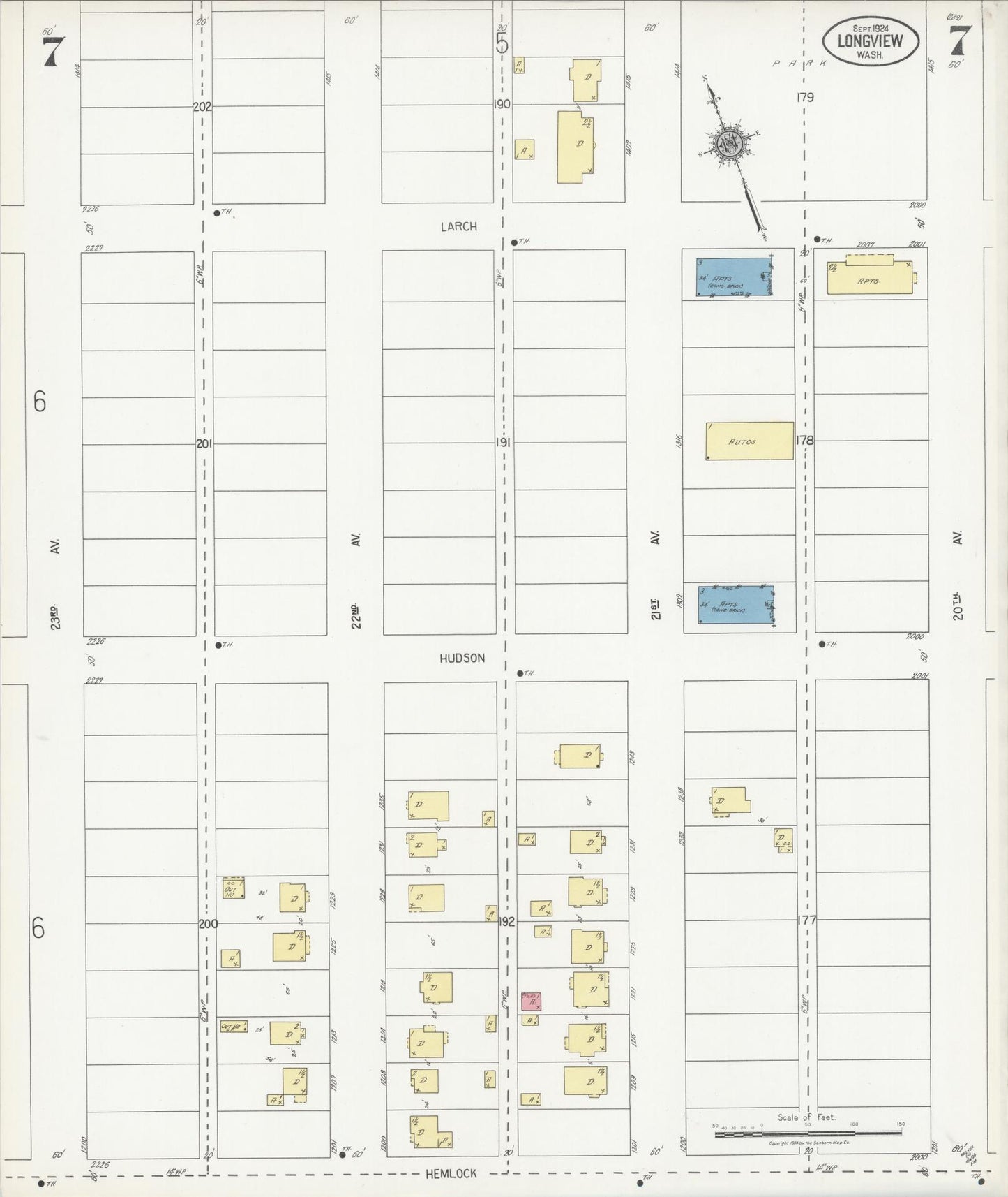 Sanborn Fire Insurance Map from Longview, Cowlitz County, Washington (1924), Sheet #0007 - Complete Map Set gallery image, historic Sanborn map, vintage wall art, Washington Washington
