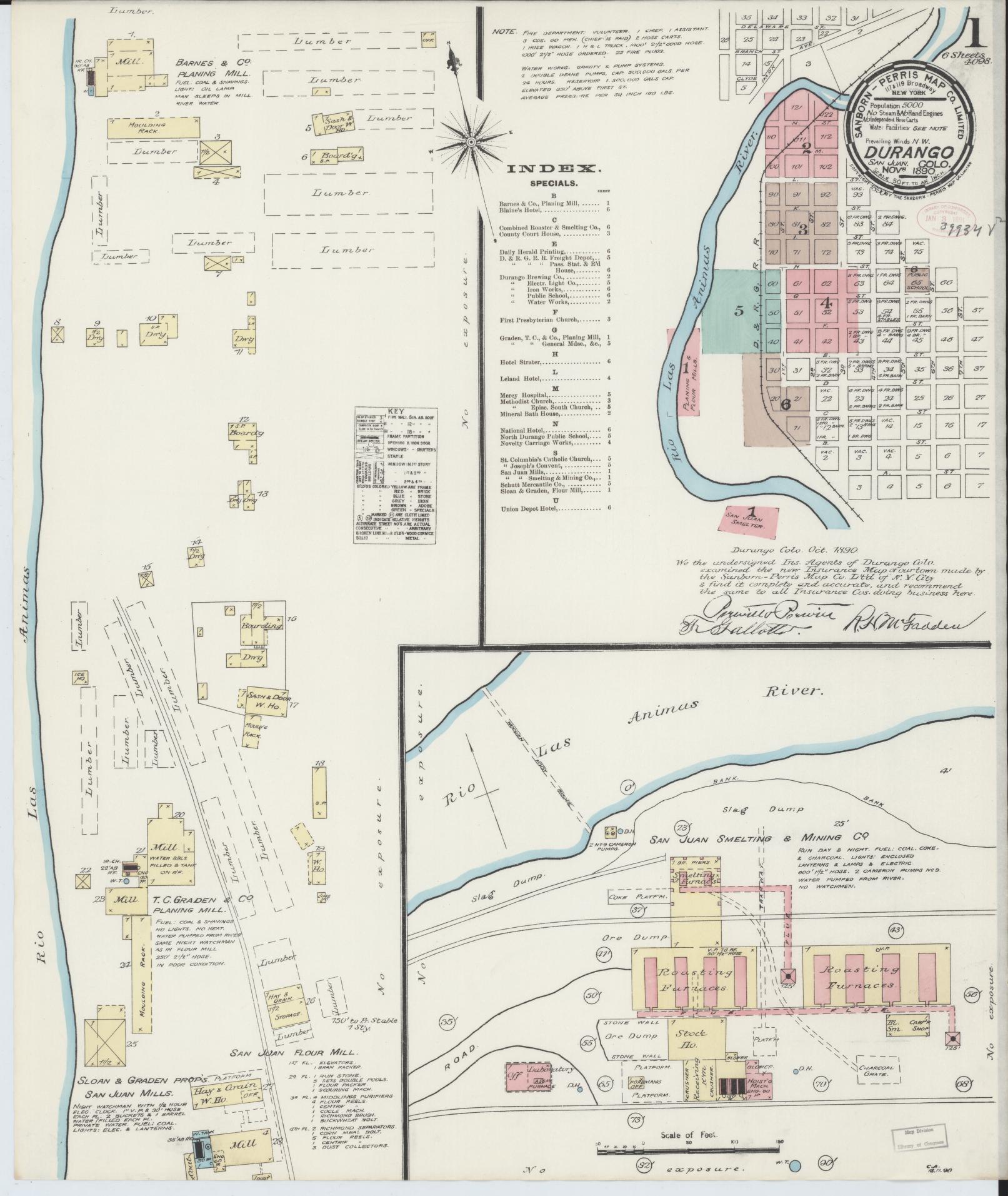 Sanborn Fire Insurance Map from Durango, La Plata County, Colorado (1890), Sheet #0001 - Historic Sanborn Fire Insurance Map Print, vintage old map wall art, antique decor, genealogy gift, Colorado Colorado map