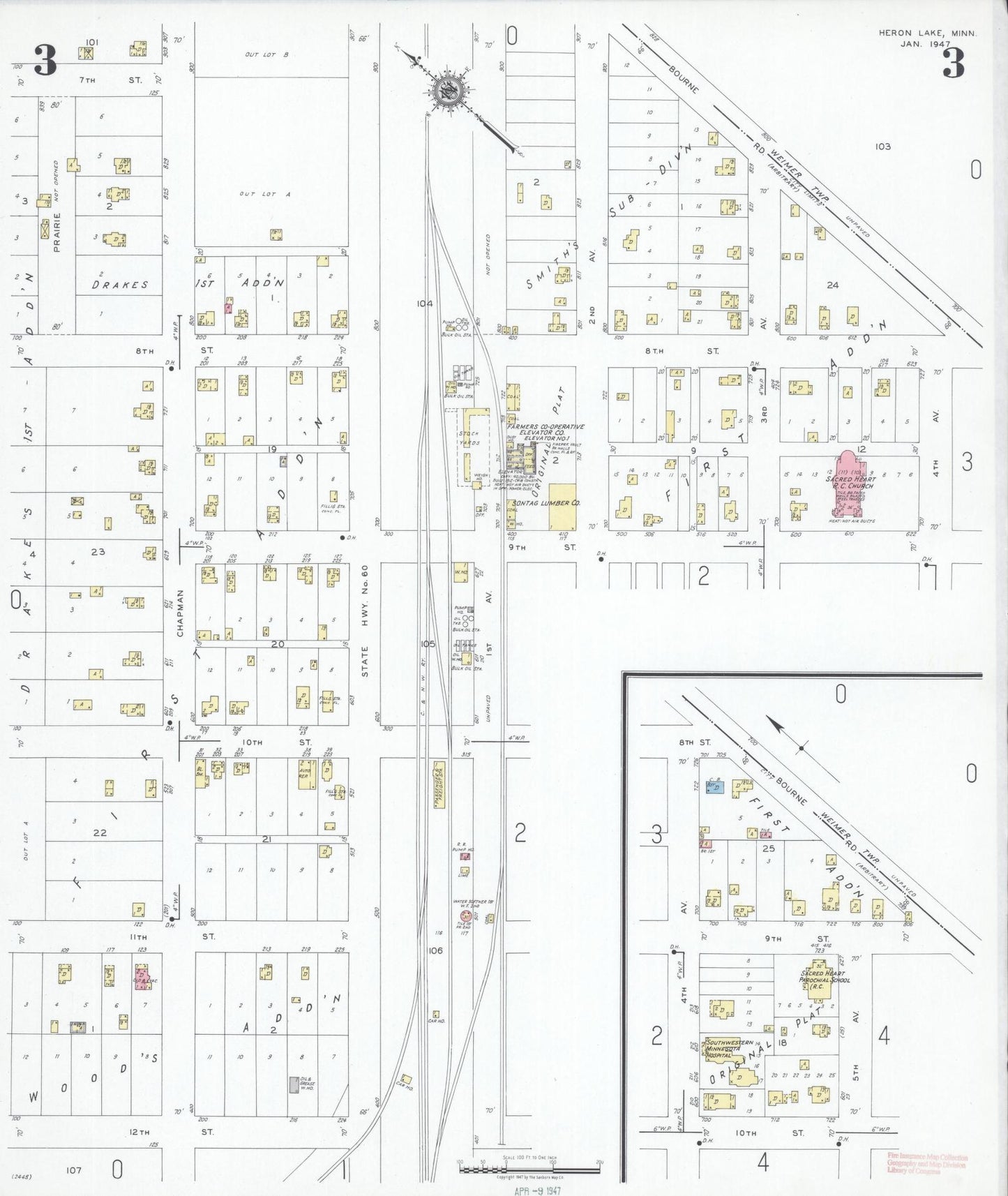 Sanborn Fire Insurance Map from Heron Lake, Jackson County, Minnesota (1947), Sheet #0003 - Complete Map Set gallery image, historic Sanborn map, vintage wall art, Minnesota Minnesota