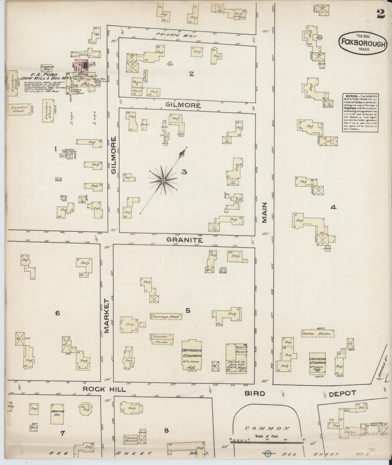 Sanborn Fire Insurance Map from Foxboro, Norfolk County, Massachusetts (1884), Sheet #0002 - Complete Map Set gallery image, historic Sanborn map, vintage wall art, Massachusetts Massachusetts