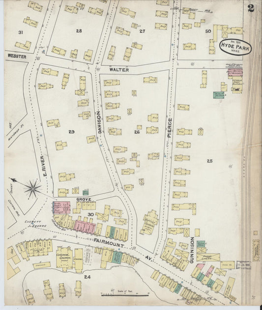 Sanborn Fire Insurance Map from Hyde Park, Norfolk County, Massachusetts (1891), Sheet #0002 - Historic Sanborn Fire Insurance Map Print, vintage old map wall art, antique decor, genealogy gift, Massachusetts Massachusetts map