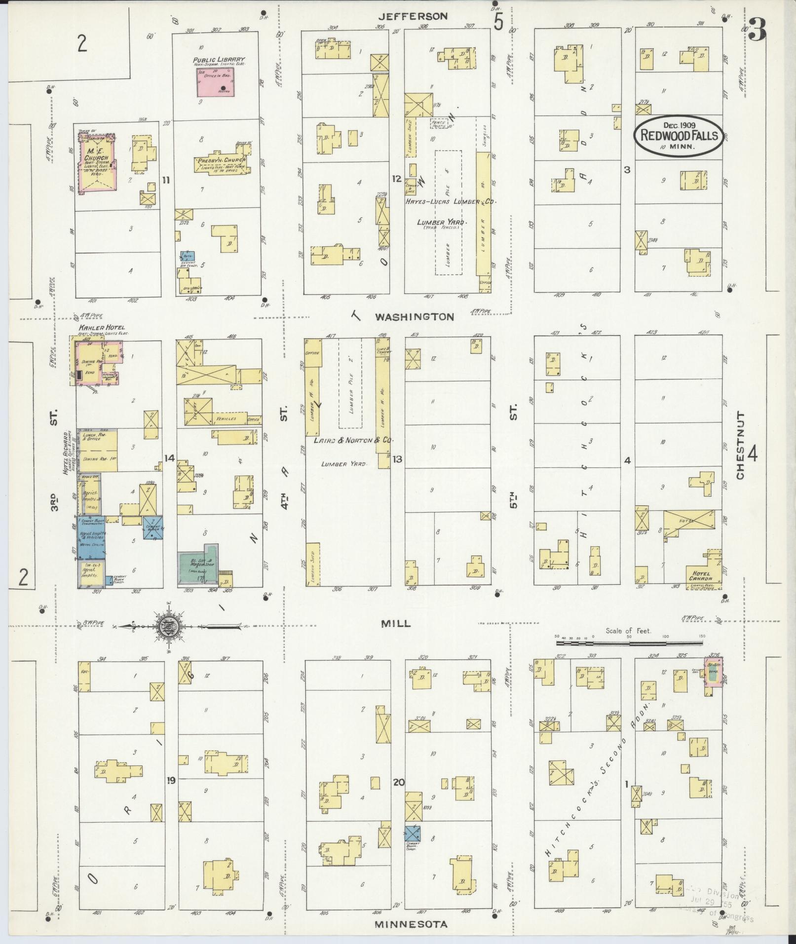 Sanborn Fire Insurance Map from Redwood Falls, Redwood County, Minnesota (1909), Sheet #0003 - Complete Map Set gallery image, historic Sanborn map, vintage wall art, Minnesota Minnesota